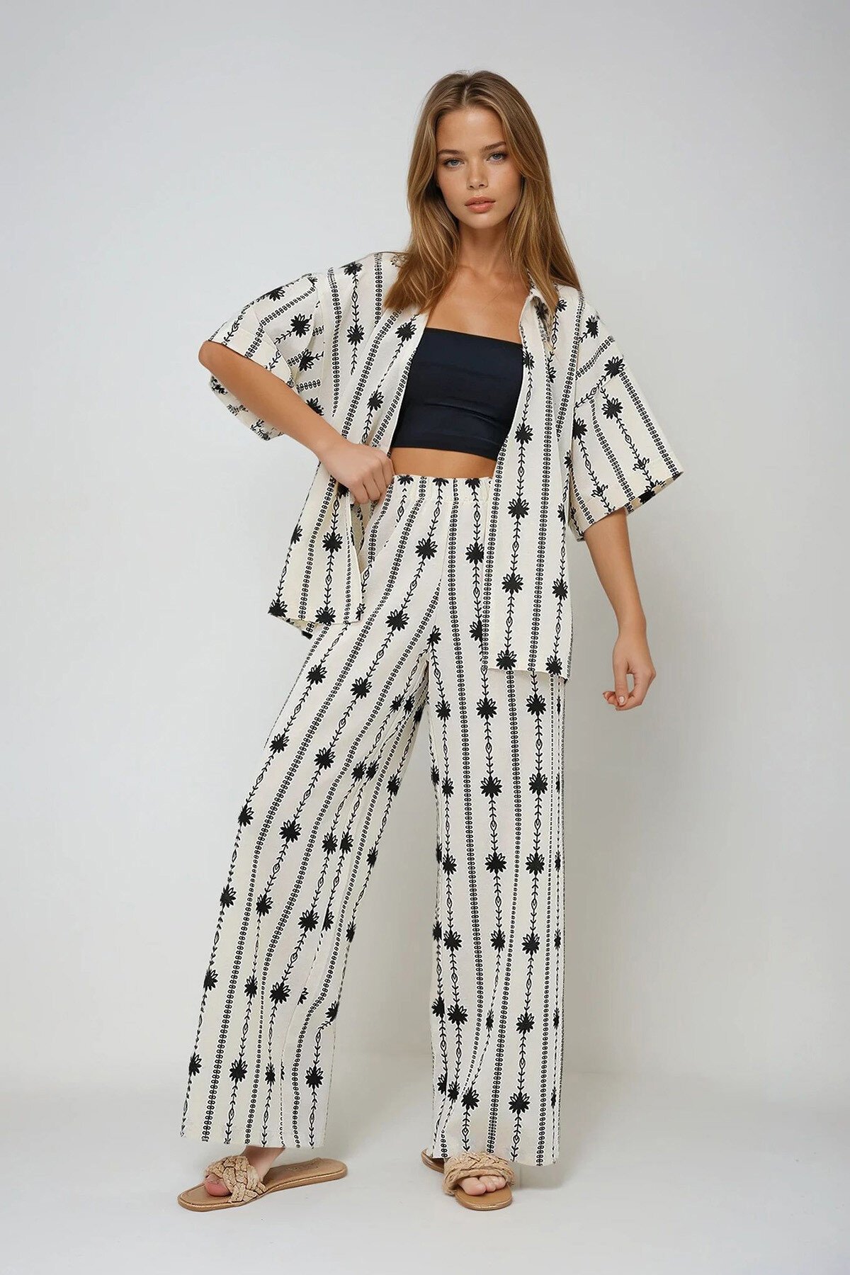 Siyah Çiçek Desenli Duble Kol Kimono Ve Palazzo Pantolon Keten Takım