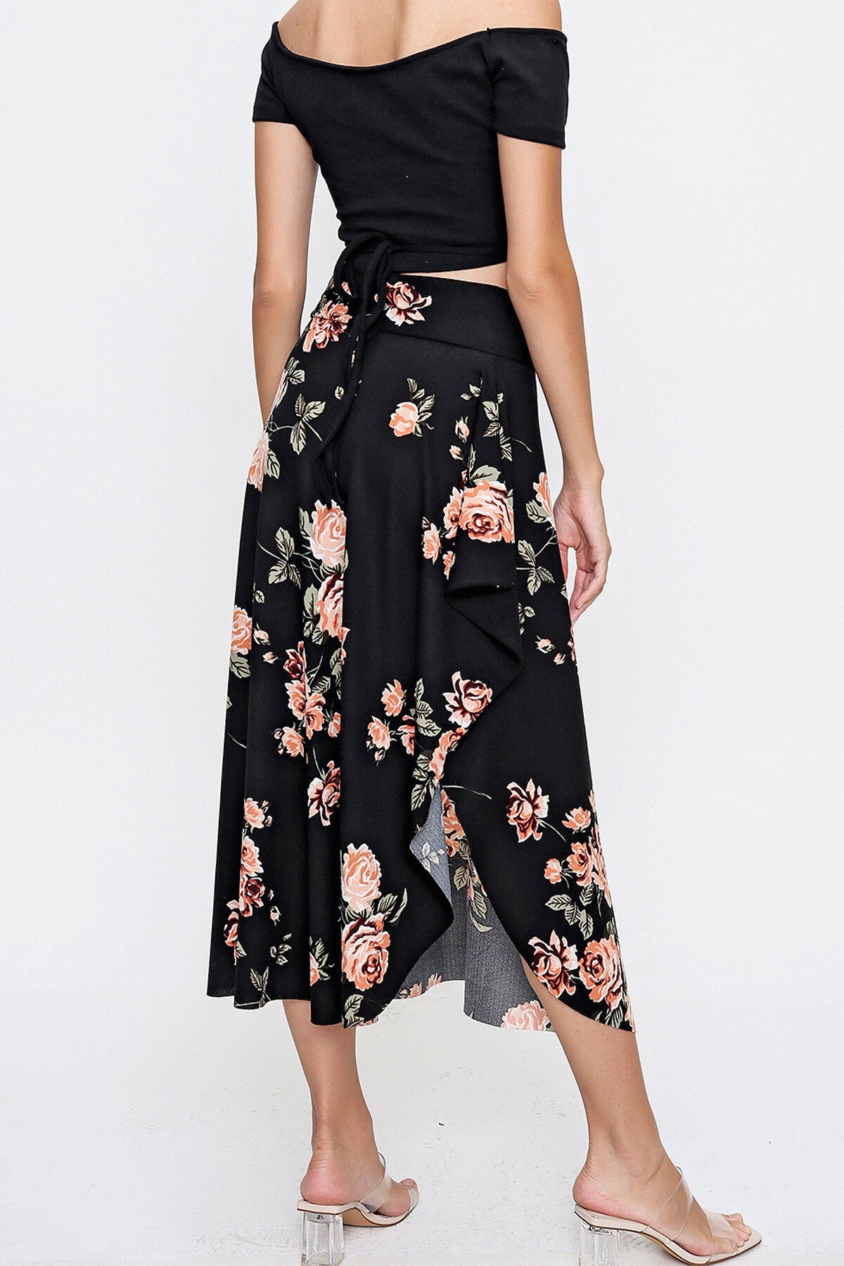 Siyah Çiçekli Asimetrik Kesim Desenli Viscon Etek