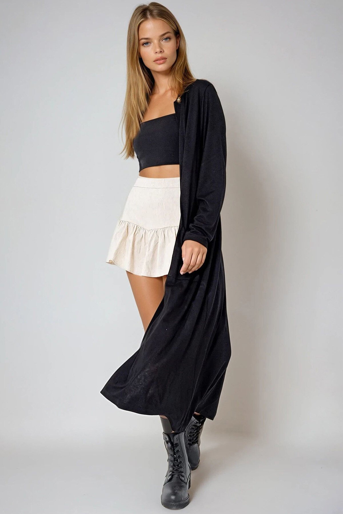 Siyah Çift Cep Maxı Boy Viscon Hırka