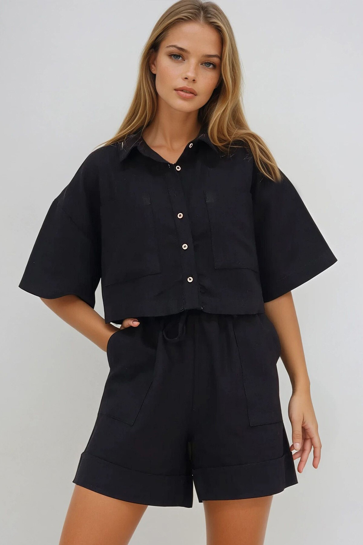 Siyah Çift Cepli Gömlek Ve Şort Keten Takım