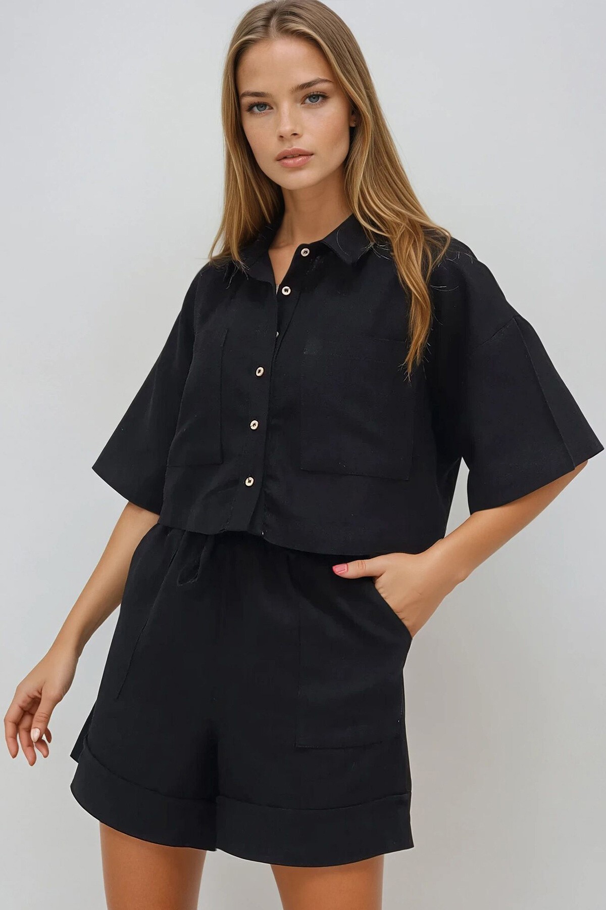 Siyah Çift Cepli Gömlek Ve Şort Keten Takım