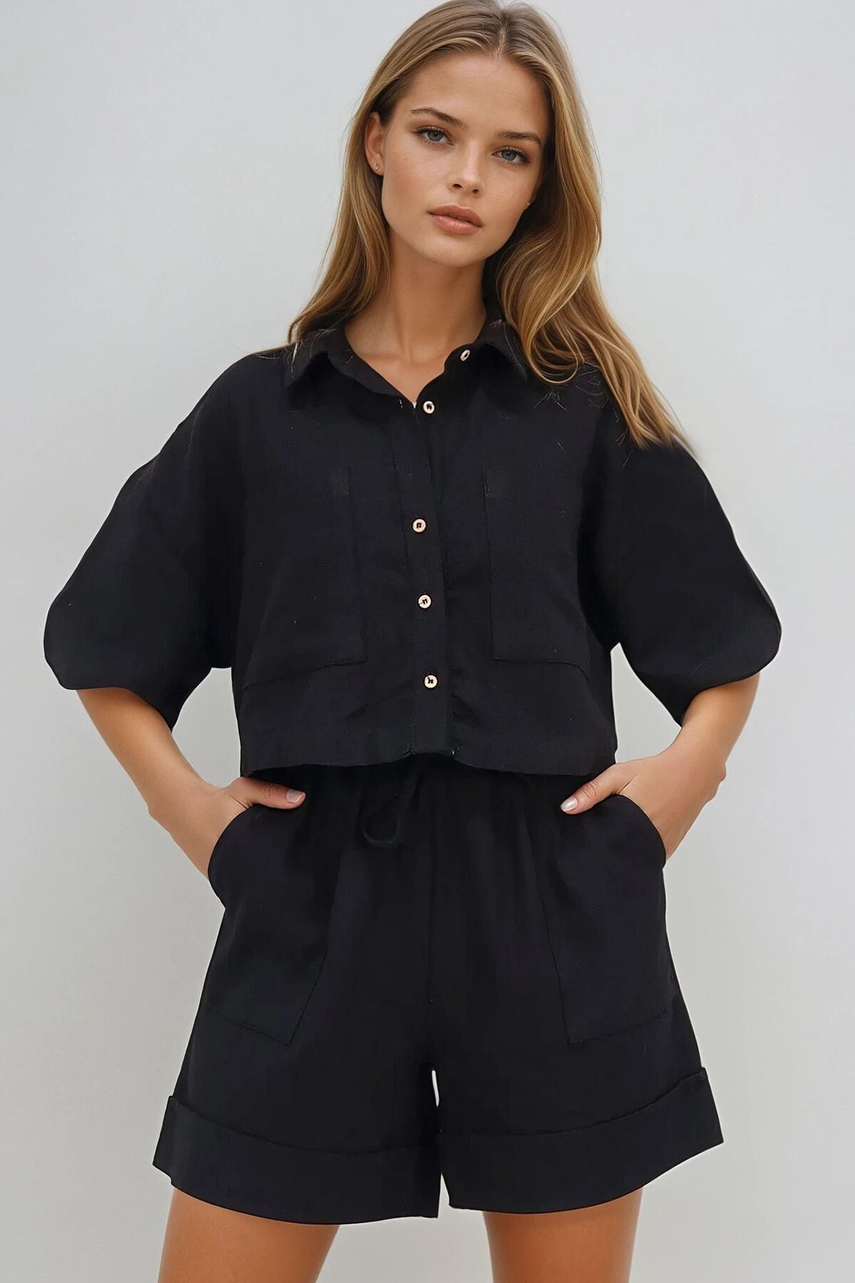 Siyah Çift Cepli Gömlek Ve Şort Keten Takım