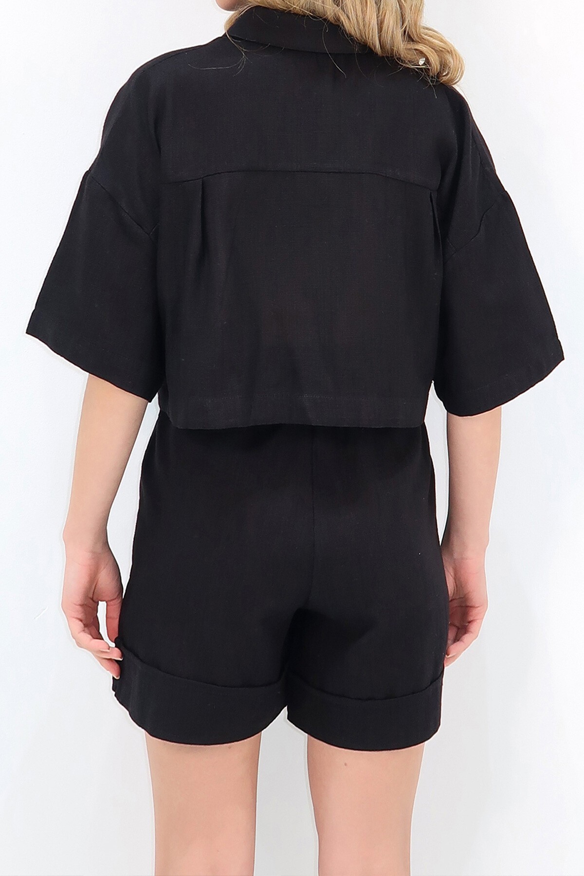 Siyah Çift Cepli Gömlek Ve Şort Keten Takım