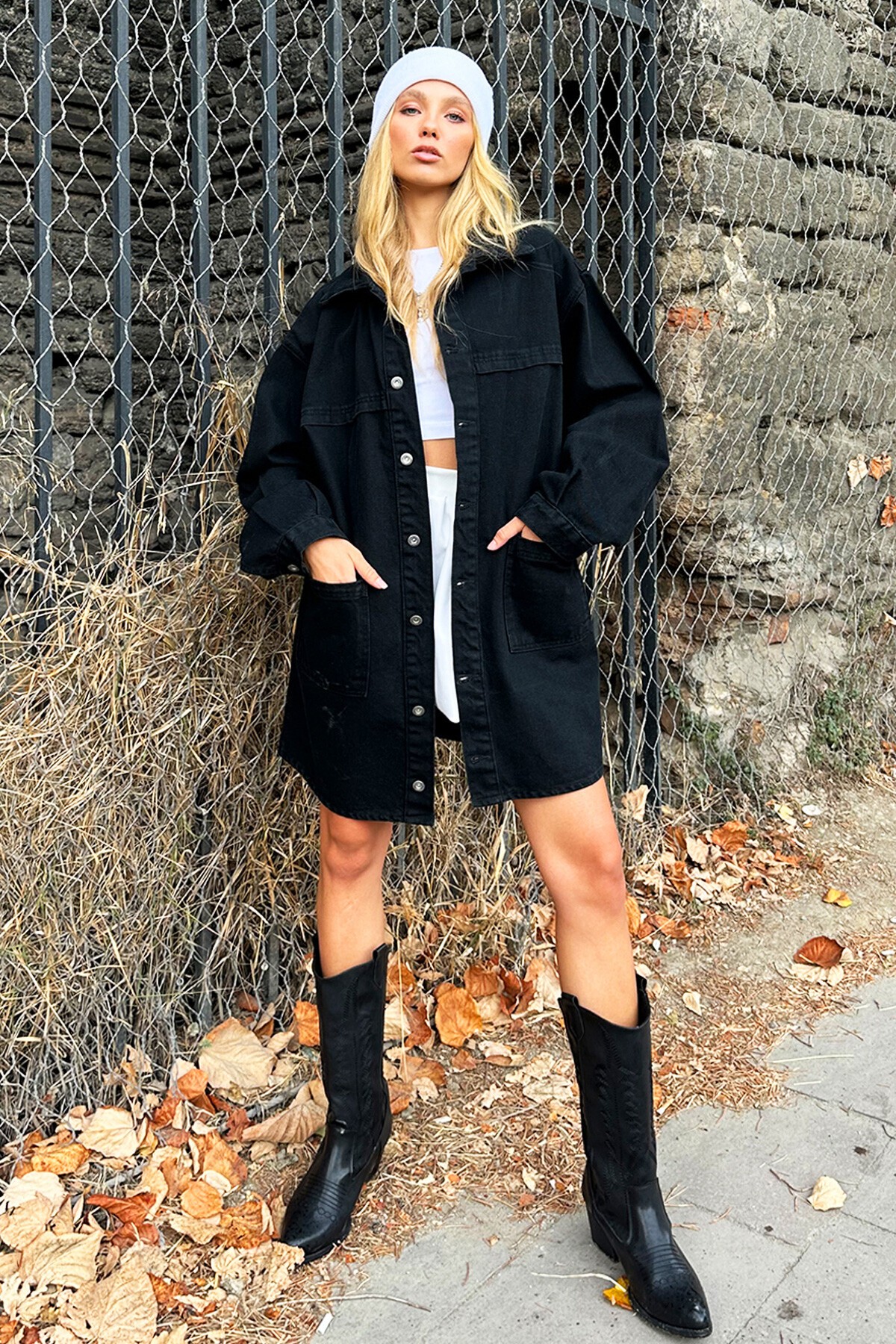 Siyah Çift Cepli Oversize Uzun Denim Ceket