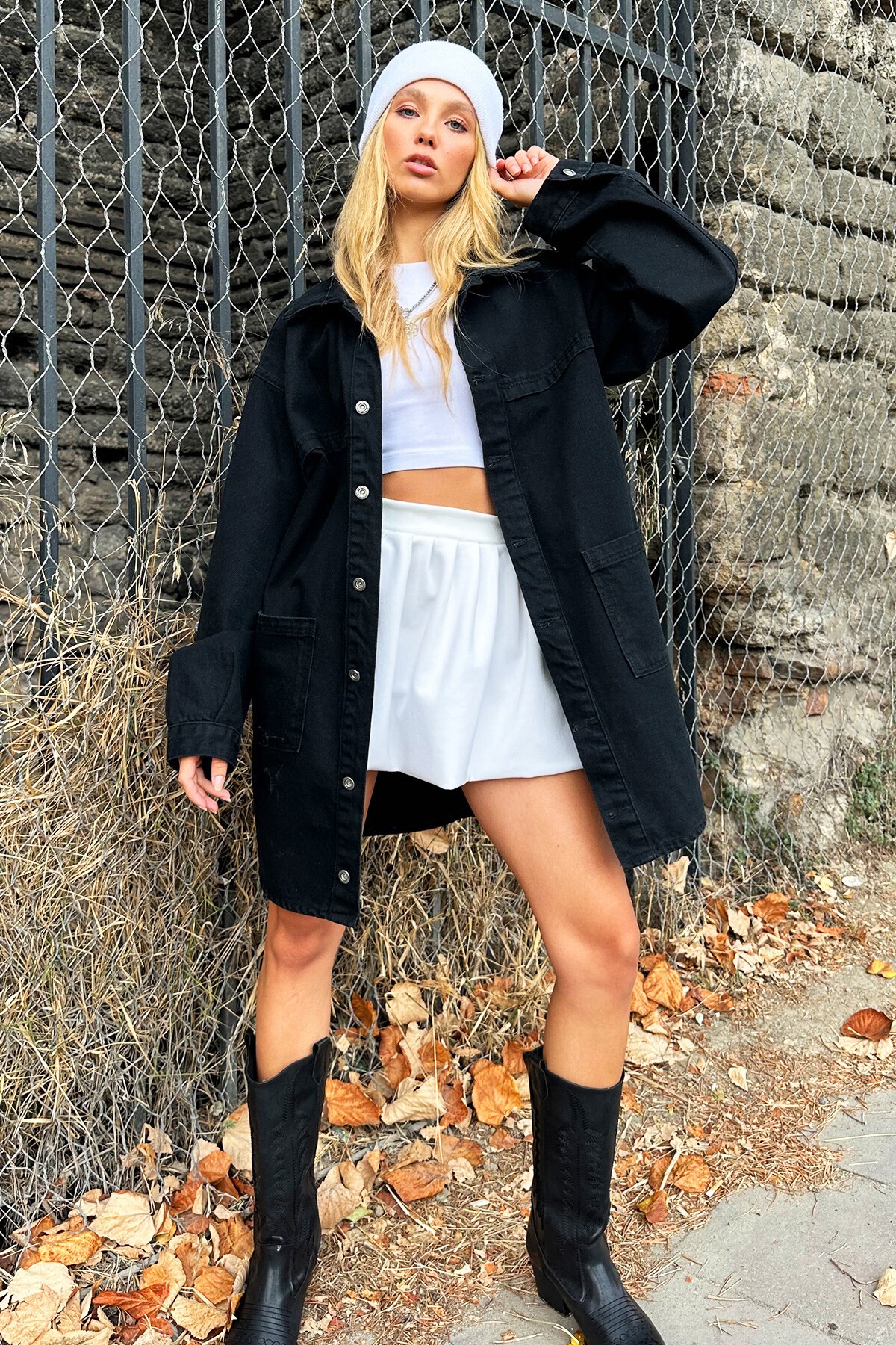 Siyah Çift Cepli Oversize Uzun Denim Ceket