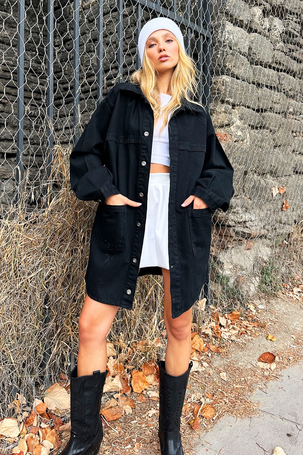 Siyah Çift Cepli Oversize Uzun Denim Ceket