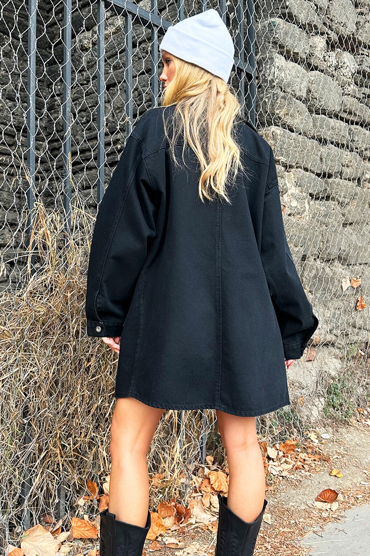 Siyah Çift Cepli Oversize Uzun Denim Ceket