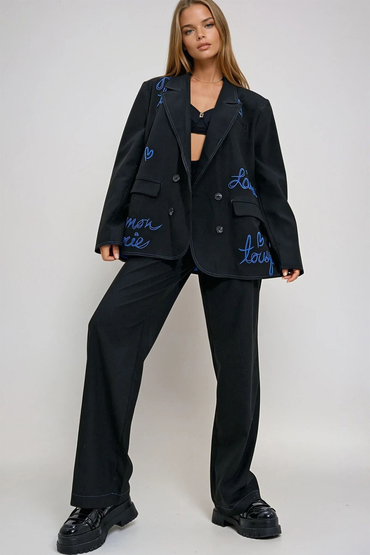 Siyah Çift Cepli Tasarım Pantolon Ceket Alt Üst Takım