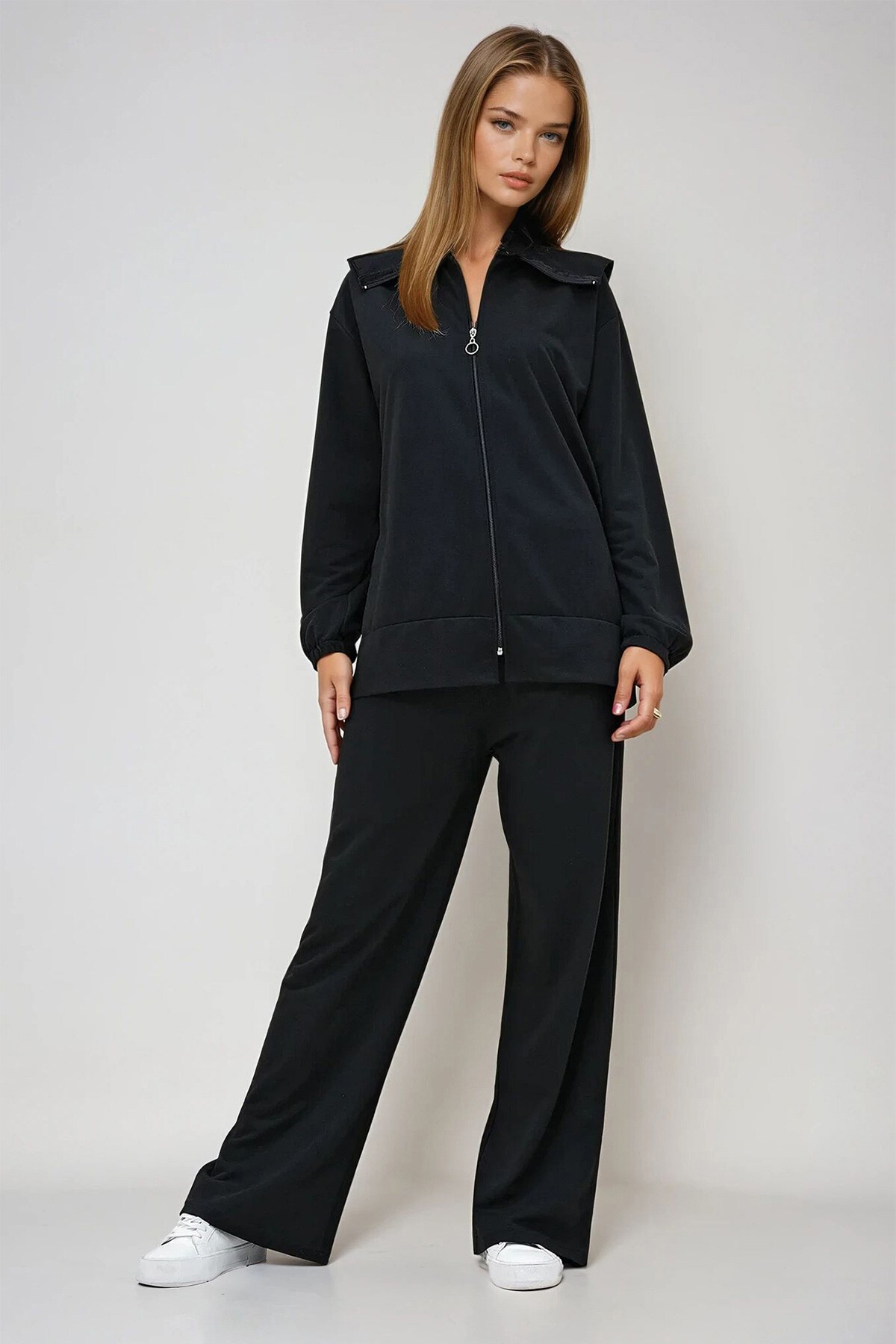 Siyah Denizci Yaka Fermuarlı Mevsimlik Tunik  Ve Pantolon İkili Takım