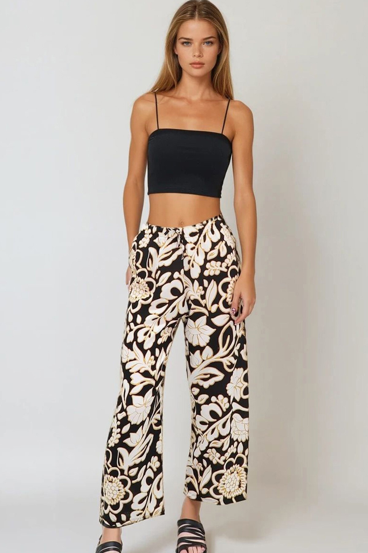 Siyah Desenli Dokuma Viskon Pantolon