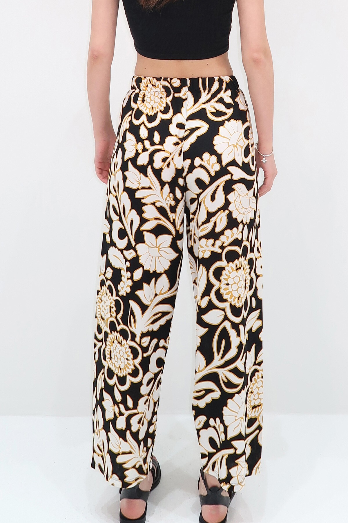 Siyah Desenli Dokuma Viskon Pantolon
