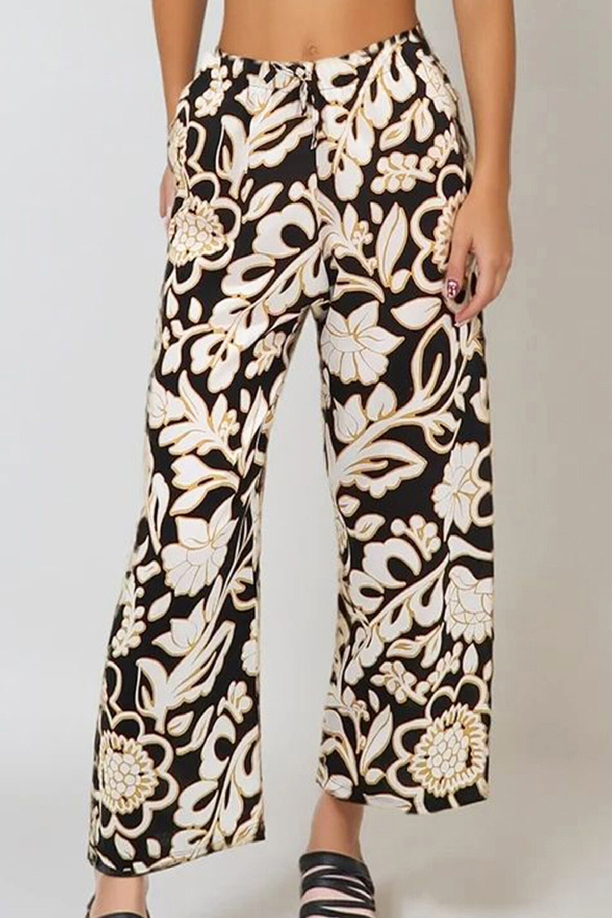 Siyah Desenli Dokuma Viskon Pantolon