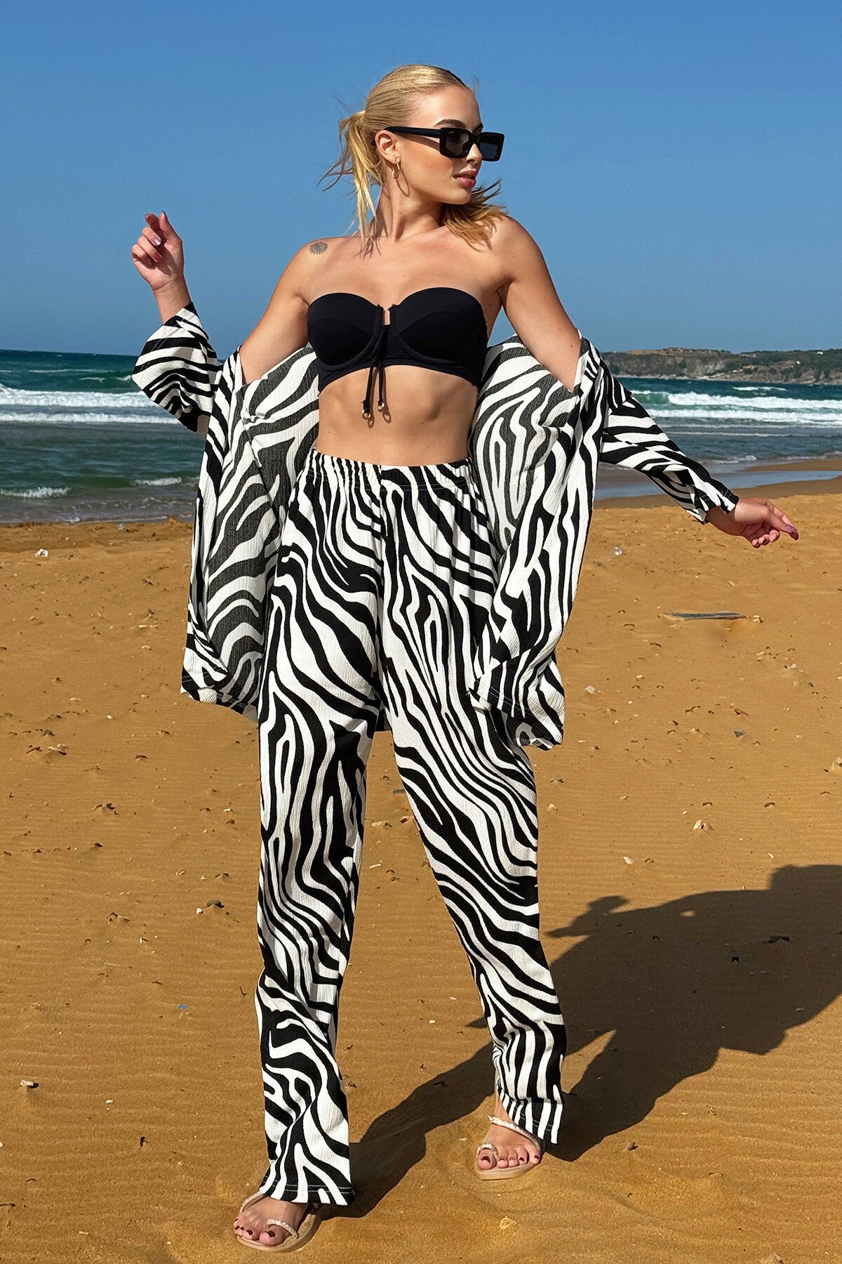 Siyah Desenli Kimono Takım