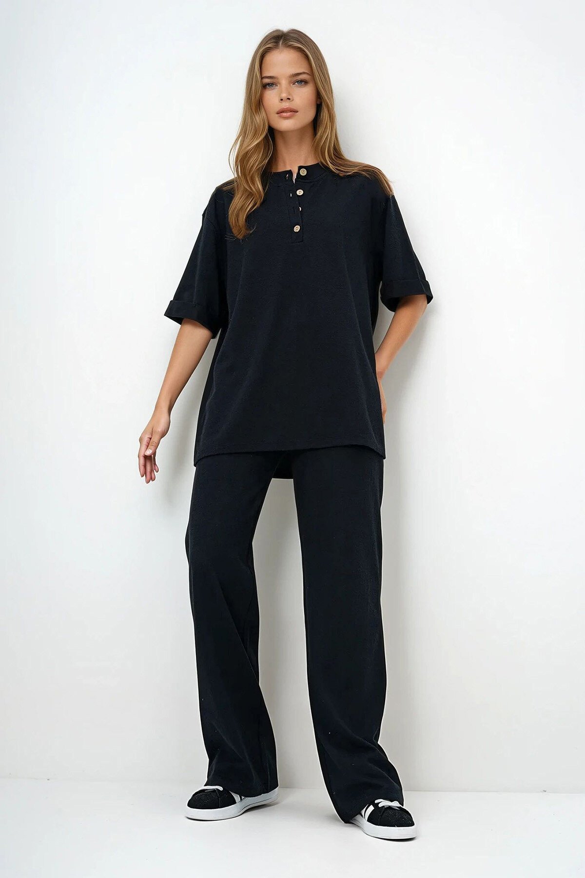 Siyah Duble Kol Yakası Düğmeli Pantolonlu Alt Üst Takım