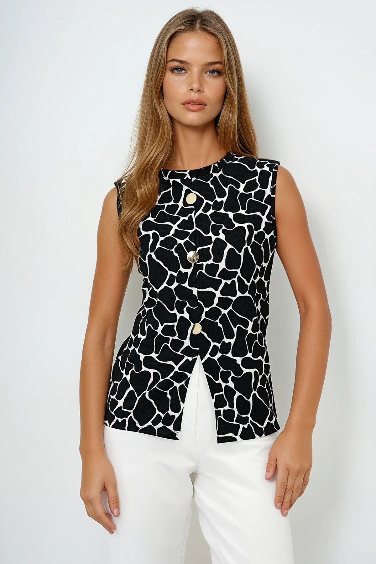 Siyah Ekru Bisiklet Yaka Gold Düğmeli Ottoban Bluz