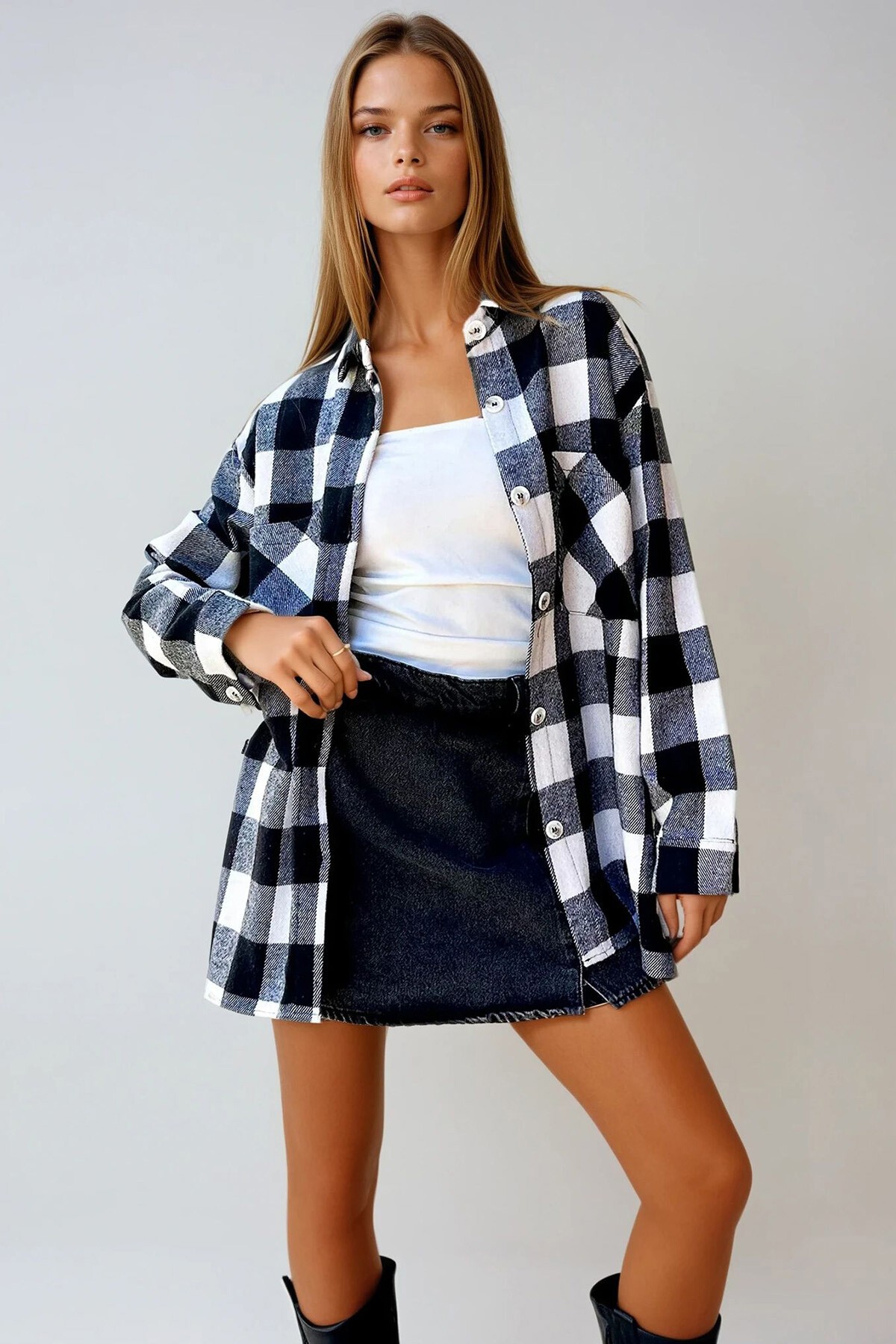 Siyah Ekru Ekose Desenli Kaşe Pamuklu Oversize Safari Ceket Gömlek