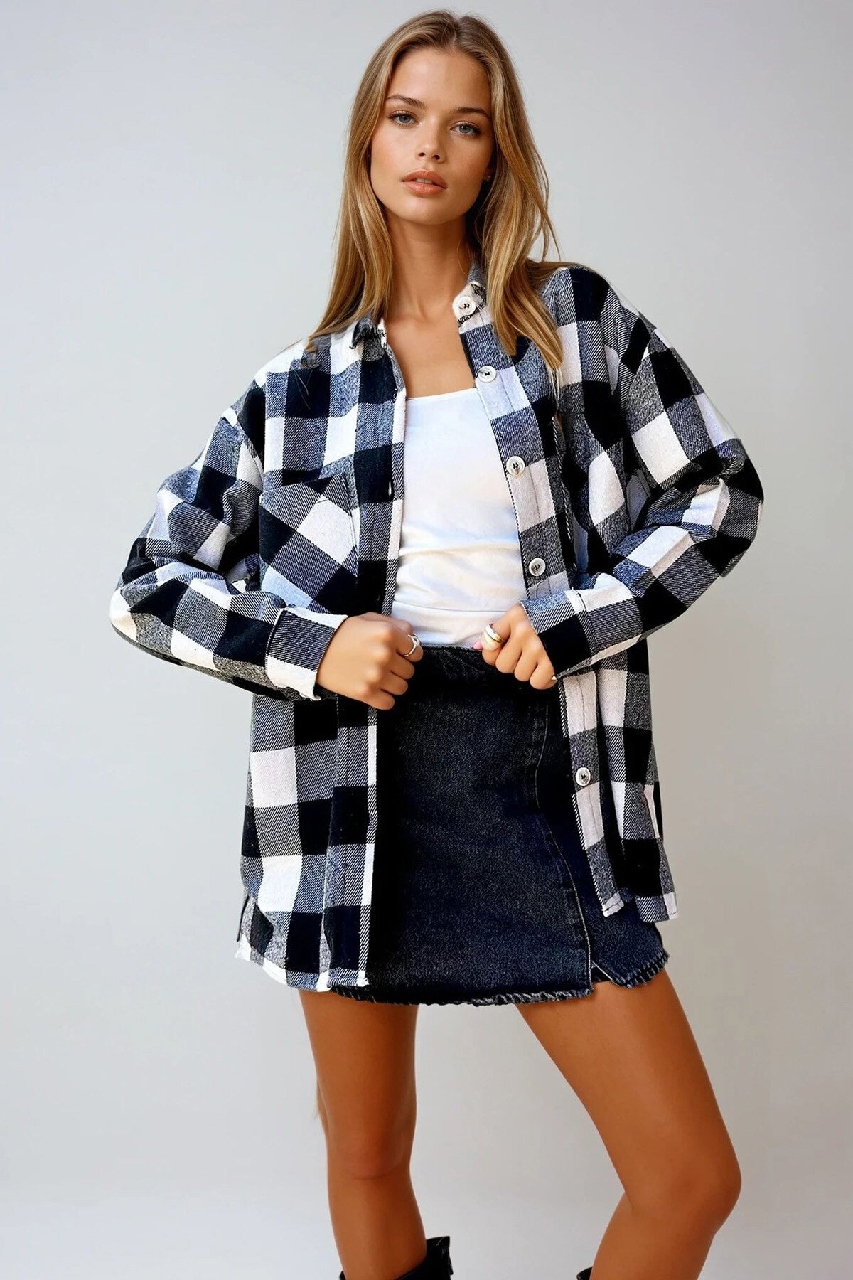 Siyah Ekru Ekose Desenli Kaşe Pamuklu Oversize Safari Ceket Gömlek