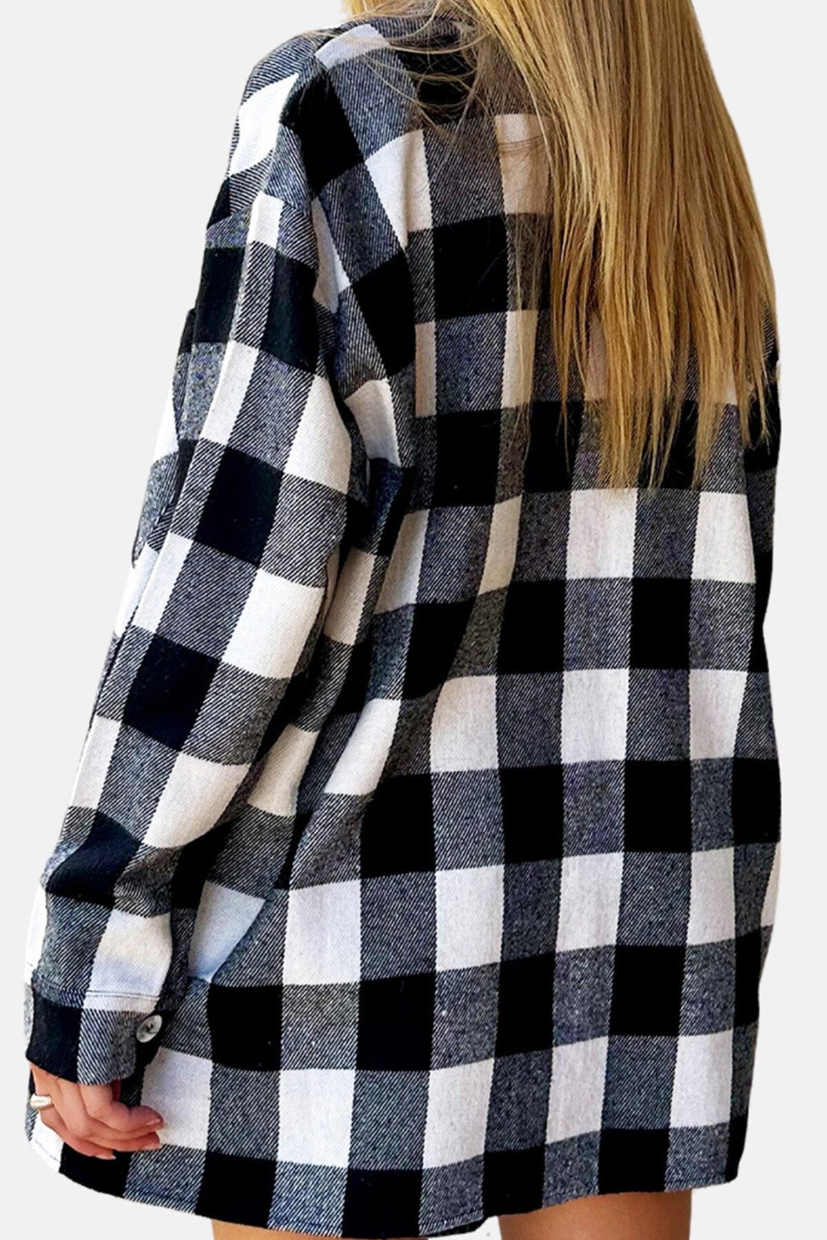 Siyah Ekru Ekose Desenli Kaşe Pamuklu Oversize Safari Ceket Gömlek