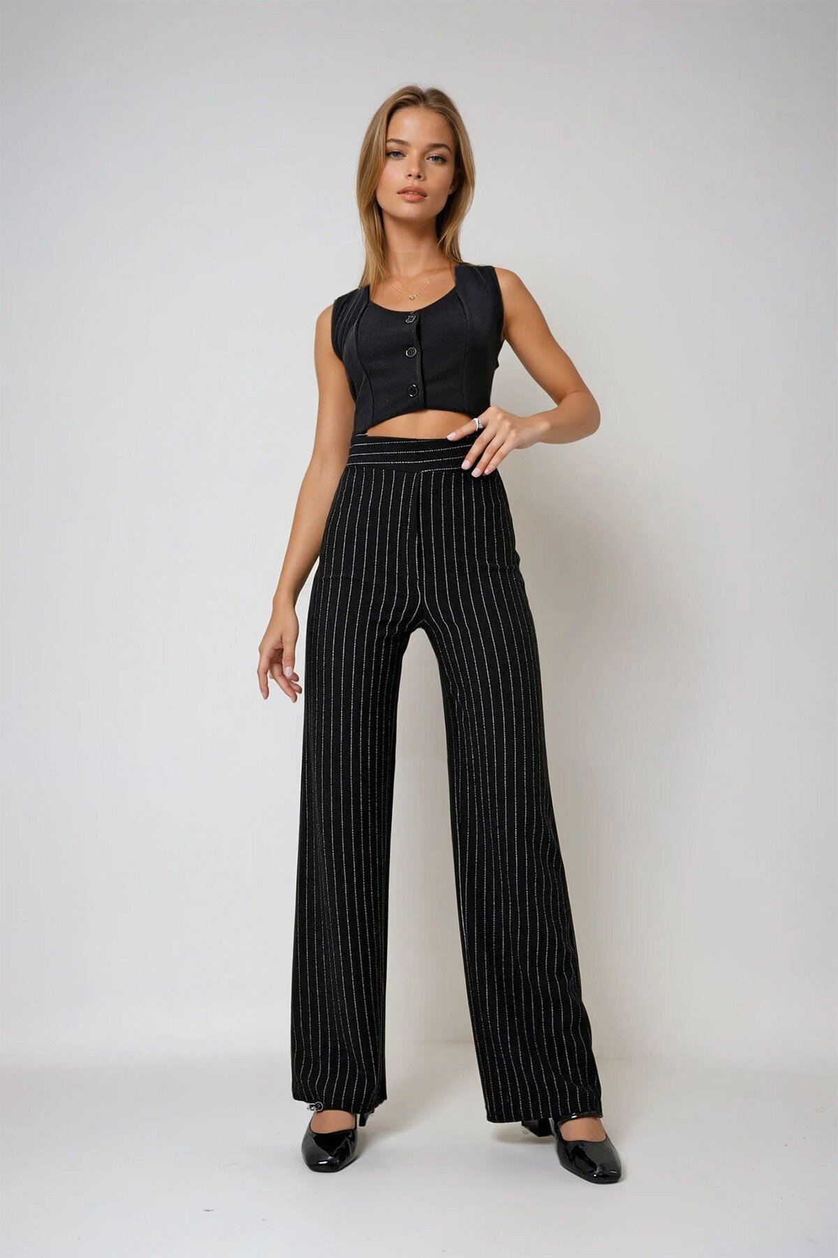 Siyah Elastik Bel Çizgili Geniş Paça Örme Pantolon