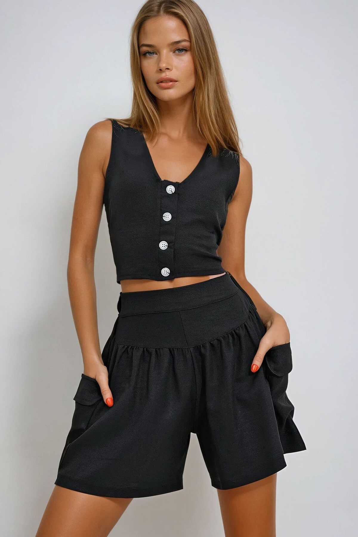 Siyah Flamlı Keten Şort Yelek Takım