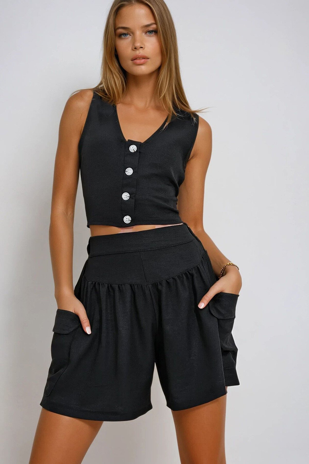 Siyah Flamlı Keten Şort Yelek Takım