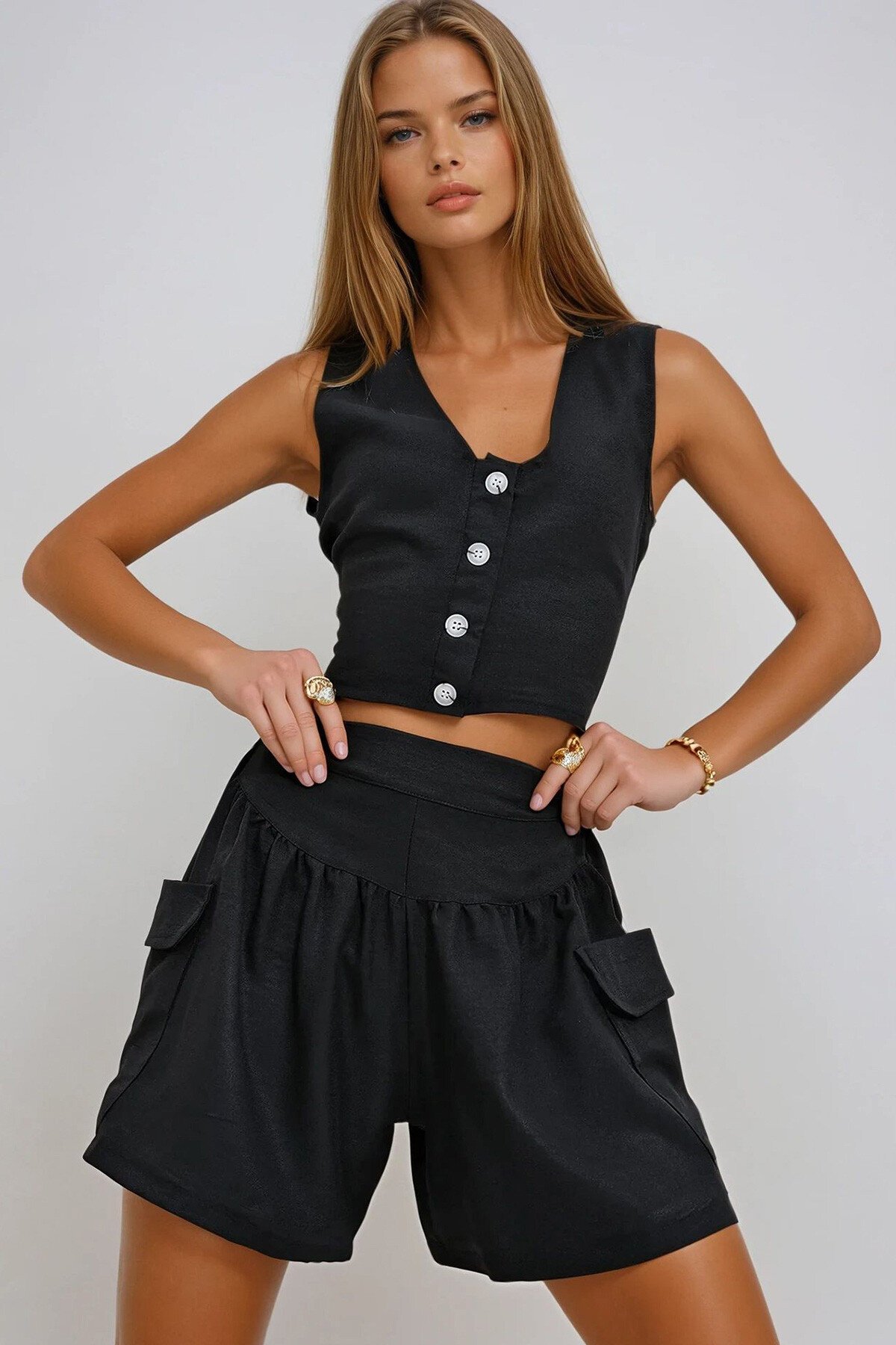 Siyah Flamlı Keten Şort Yelek Takım