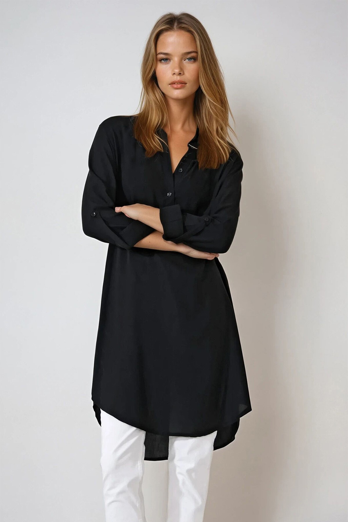 Siyah Gömlek Yaka Yarım Patlı Uzun Dokuma Tunik