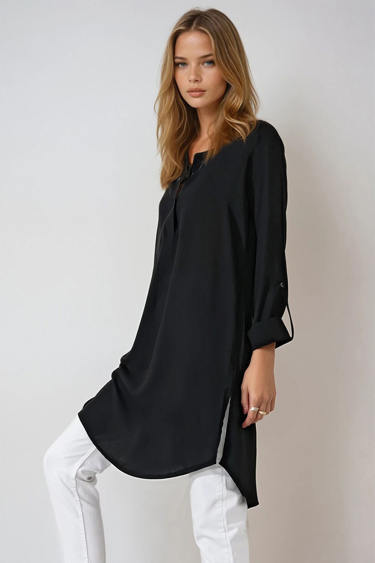 Siyah Gömlek Yaka Yarım Patlı Uzun Dokuma Tunik
