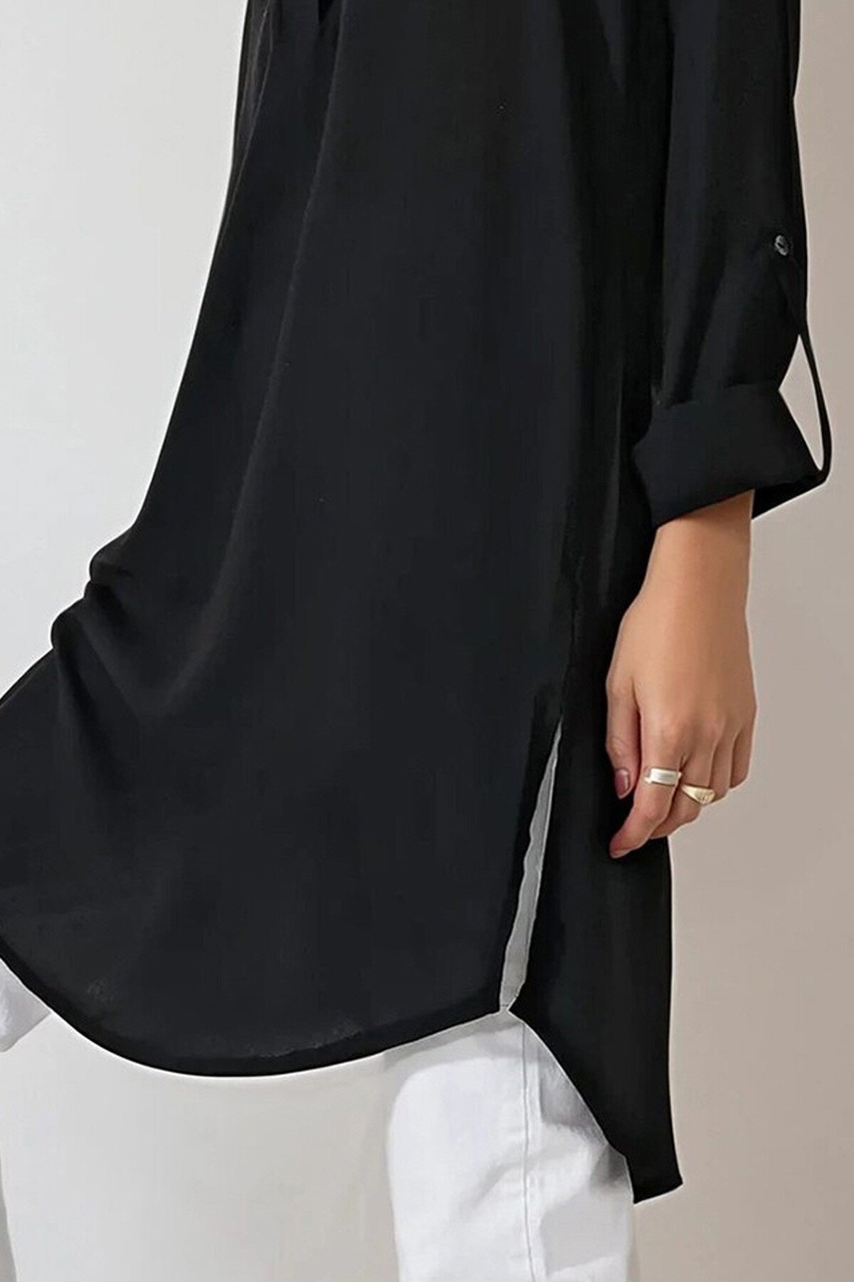 Siyah Gömlek Yaka Yarım Patlı Uzun Dokuma Tunik