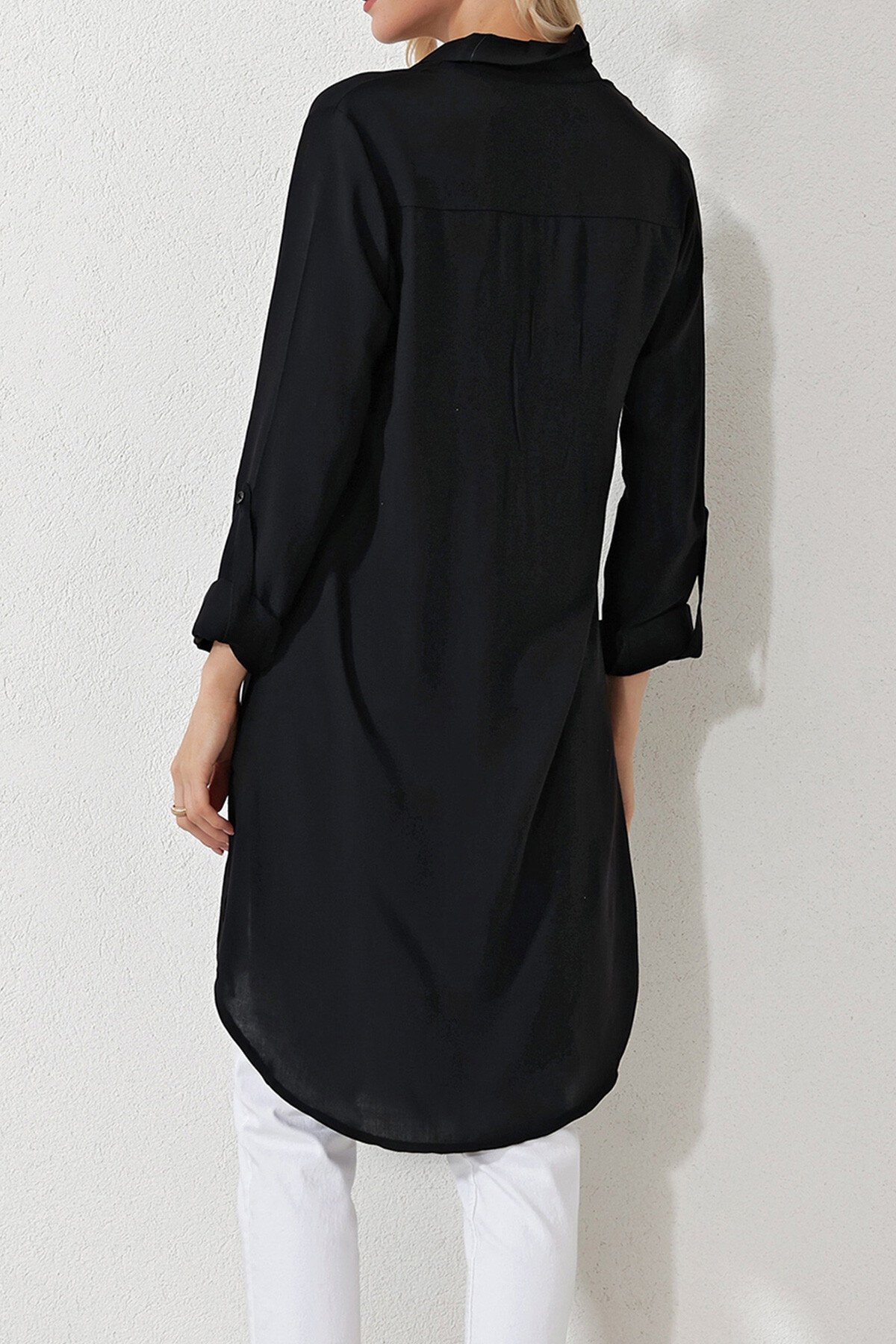 Siyah Gömlek Yaka Yarım Patlı Uzun Dokuma Tunik