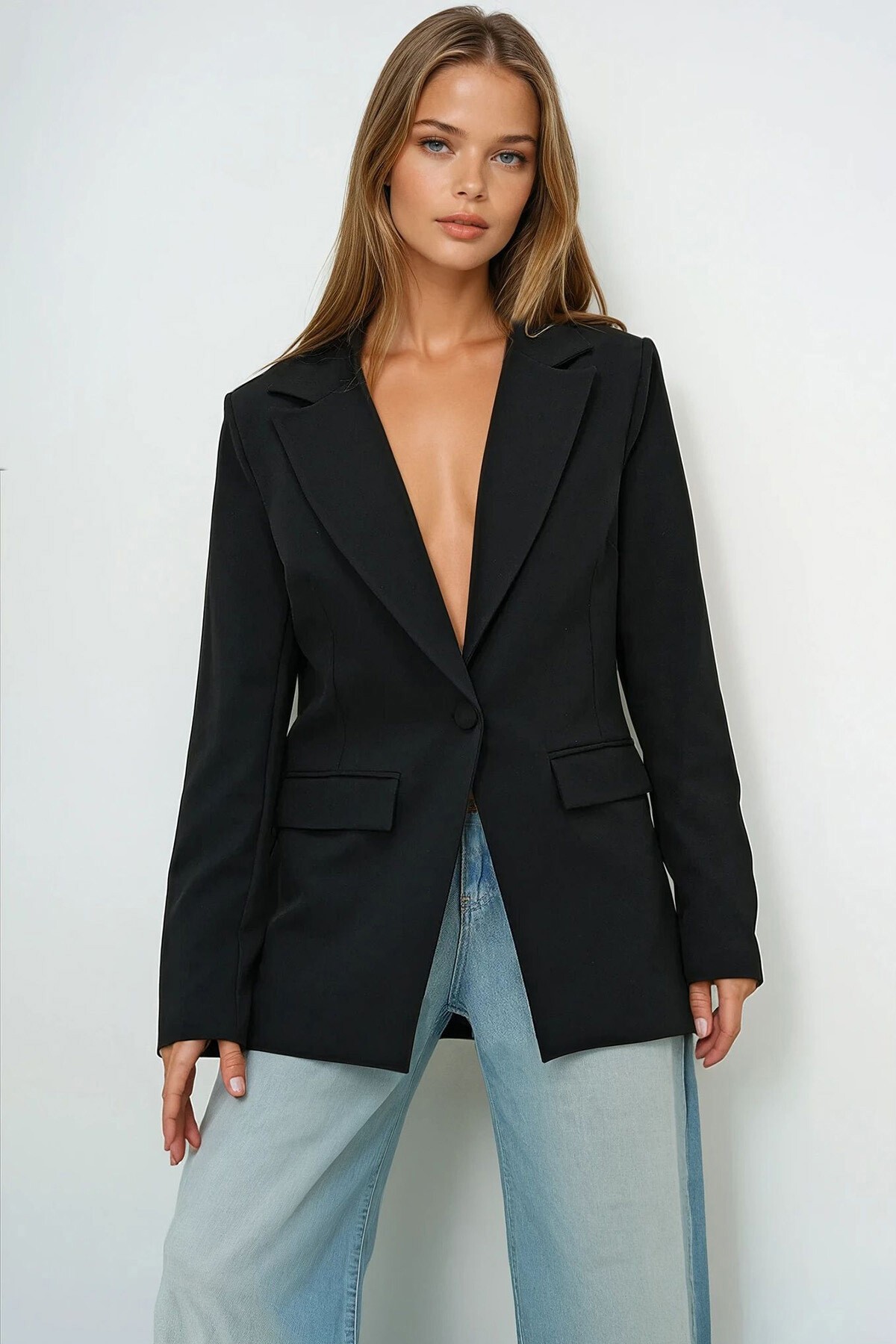 Siyah İçi Astarlı Tek Düğmeli Blazer Ceket