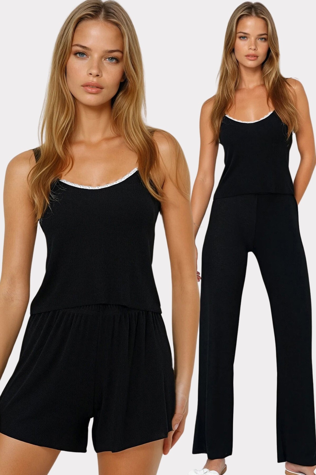 Siyah İp Askılı Dantel Detaylı Bluz, Şort Ve Pantolonlu 3 Lü Set Pijama Takımı