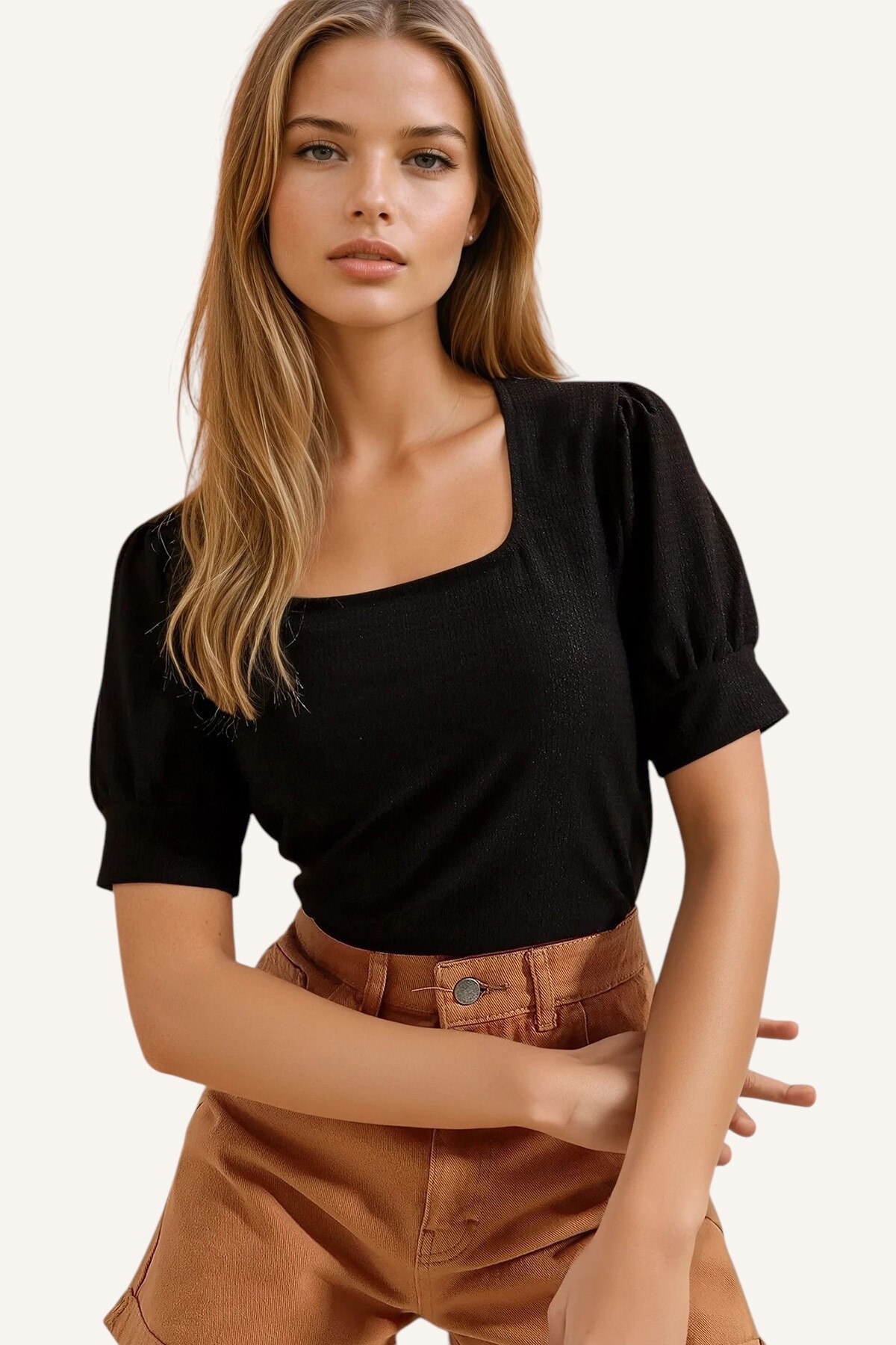 Siyah Kare Yaka Prenses Kol Regular Fit Bluz