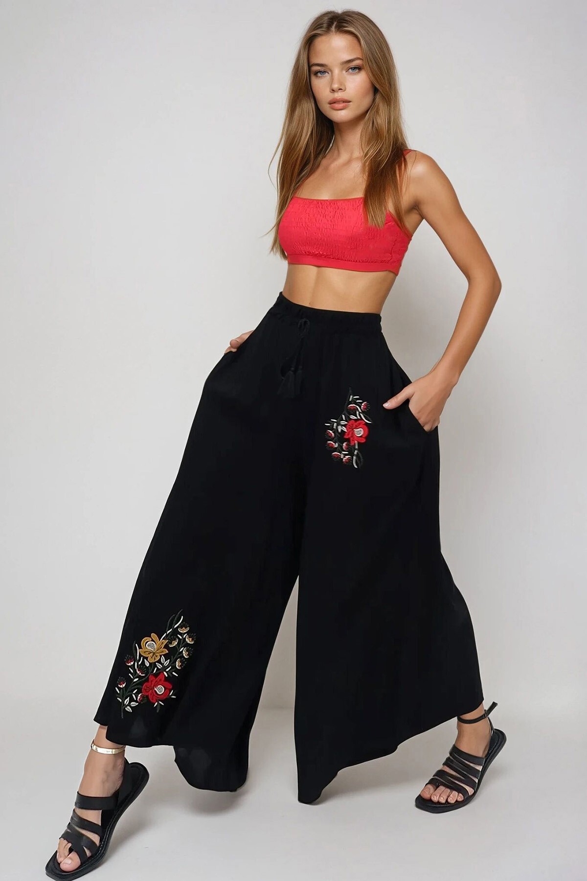 Siyah Kırmızı Etnik Nakışlı Bağlama Detaylı Dokuma Viskon Palazzo Pantolon