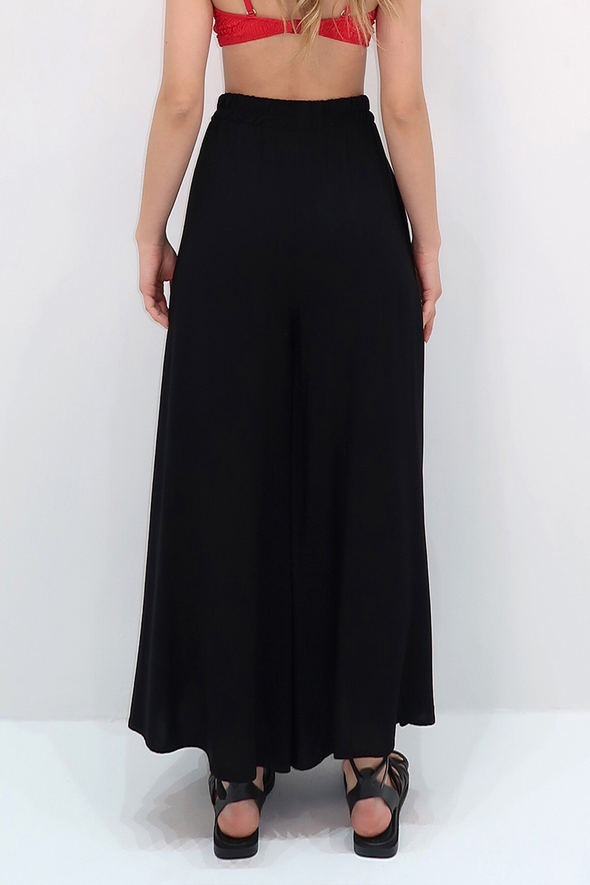 Siyah Kırmızı Etnik Nakışlı Bağlama Detaylı Dokuma Viskon Palazzo Pantolon