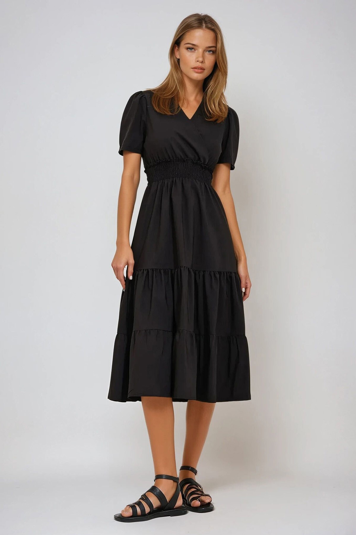 Siyah Kruvaze Beli Gipeli Valonlu Dokuma Poplin Elbise