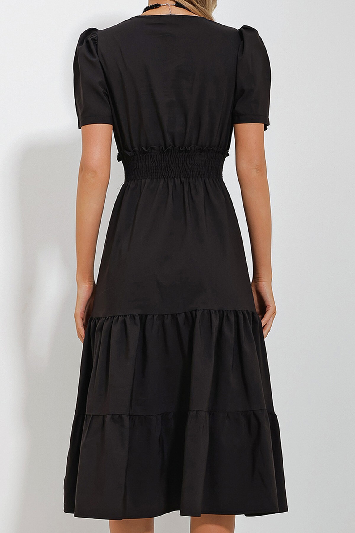 Siyah Kruvaze Beli Gipeli Valonlu Dokuma Poplin Elbise