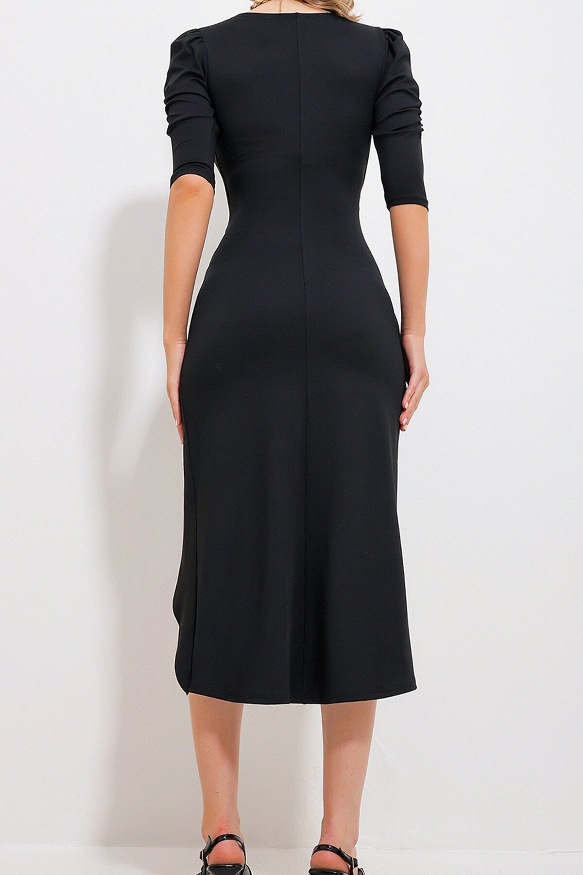 Siyah Kruvaze Yaka Drapeli Prenses Kol Kokteyl Elbise