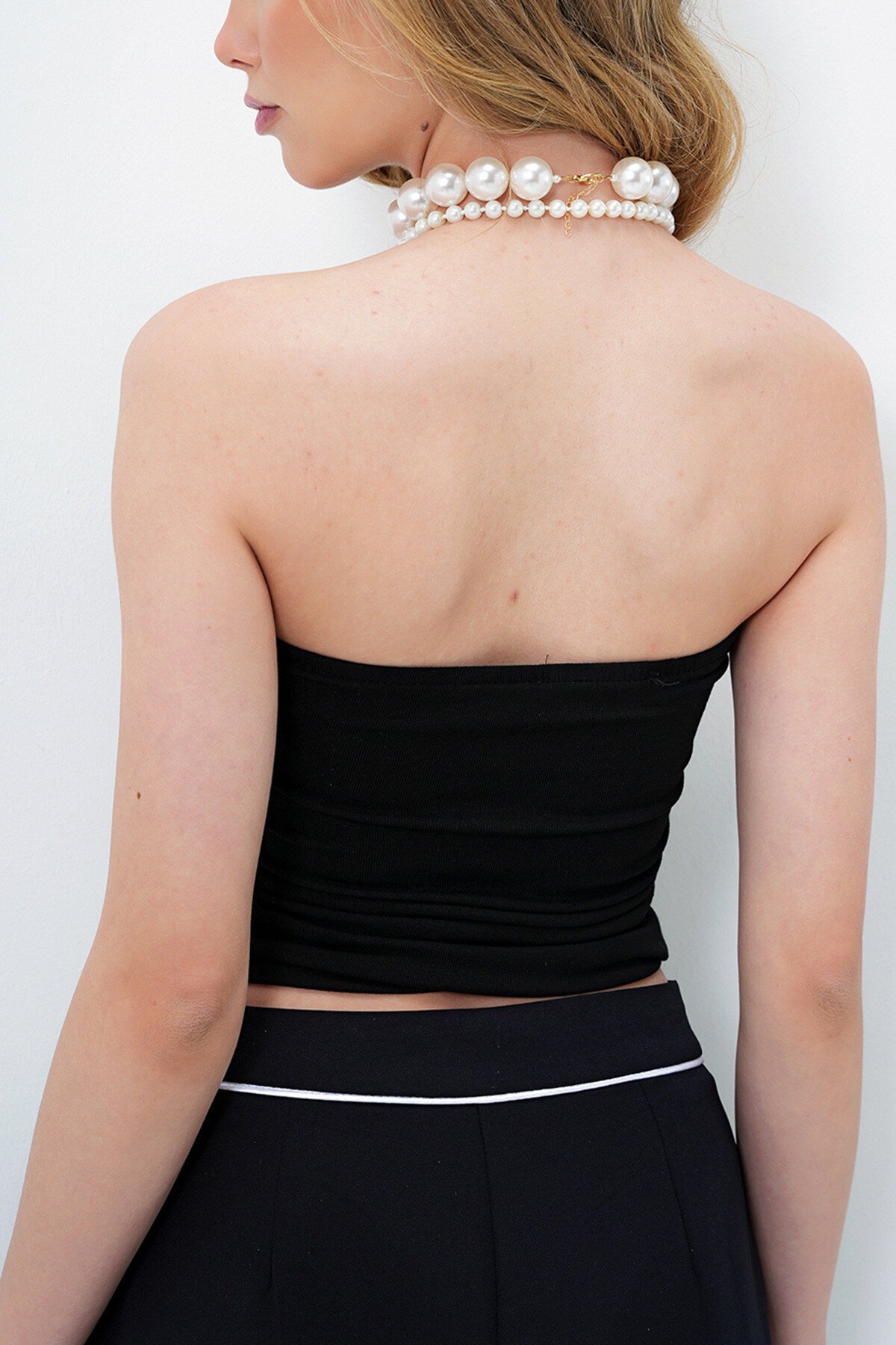 Siyah Likralı Straplez Örme Bluz