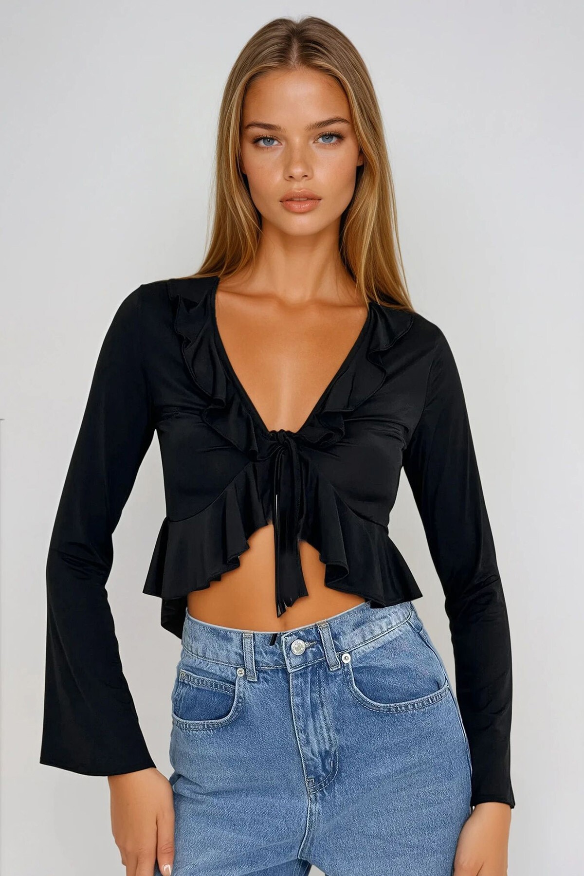 Siyah Önden Bağlamalı  İspanyol Kol Fırfır Detaylı Örme Bluz