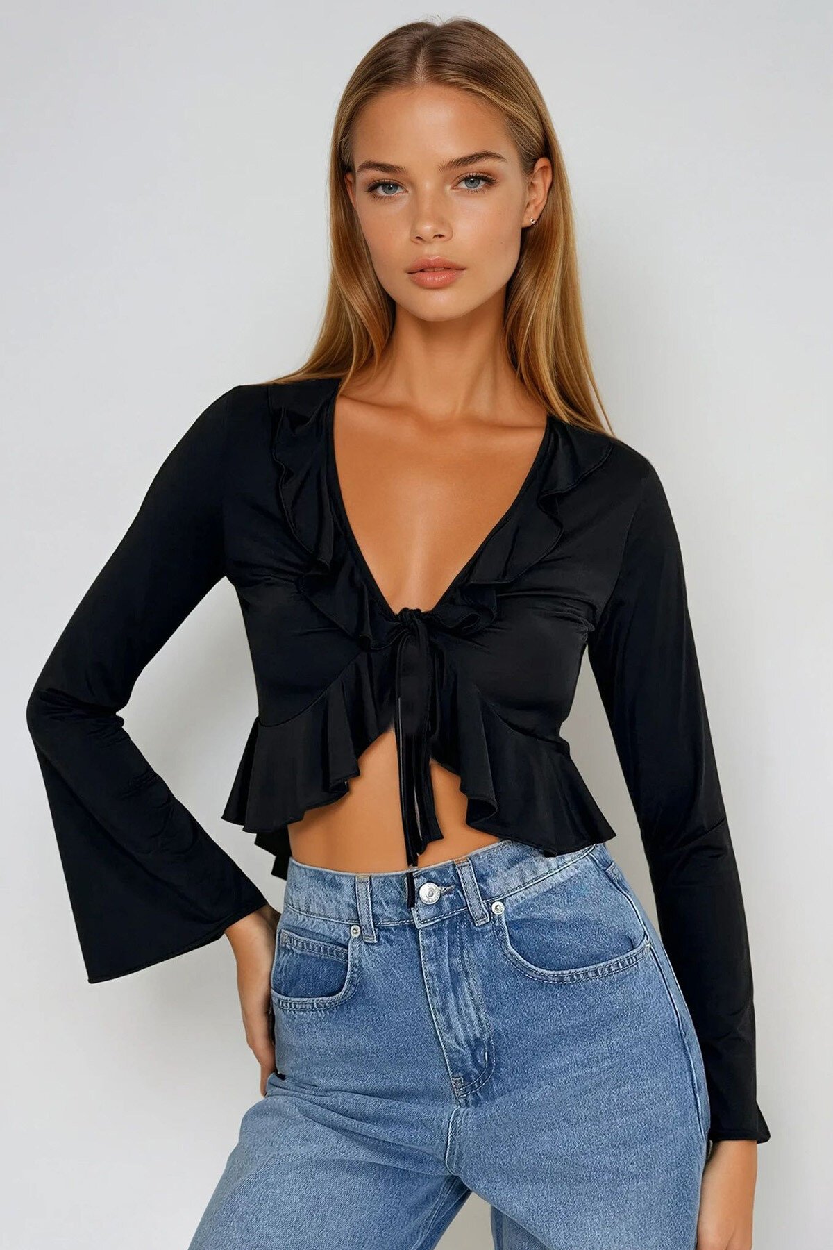 Siyah Önden Bağlamalı  İspanyol Kol Fırfır Detaylı Örme Bluz