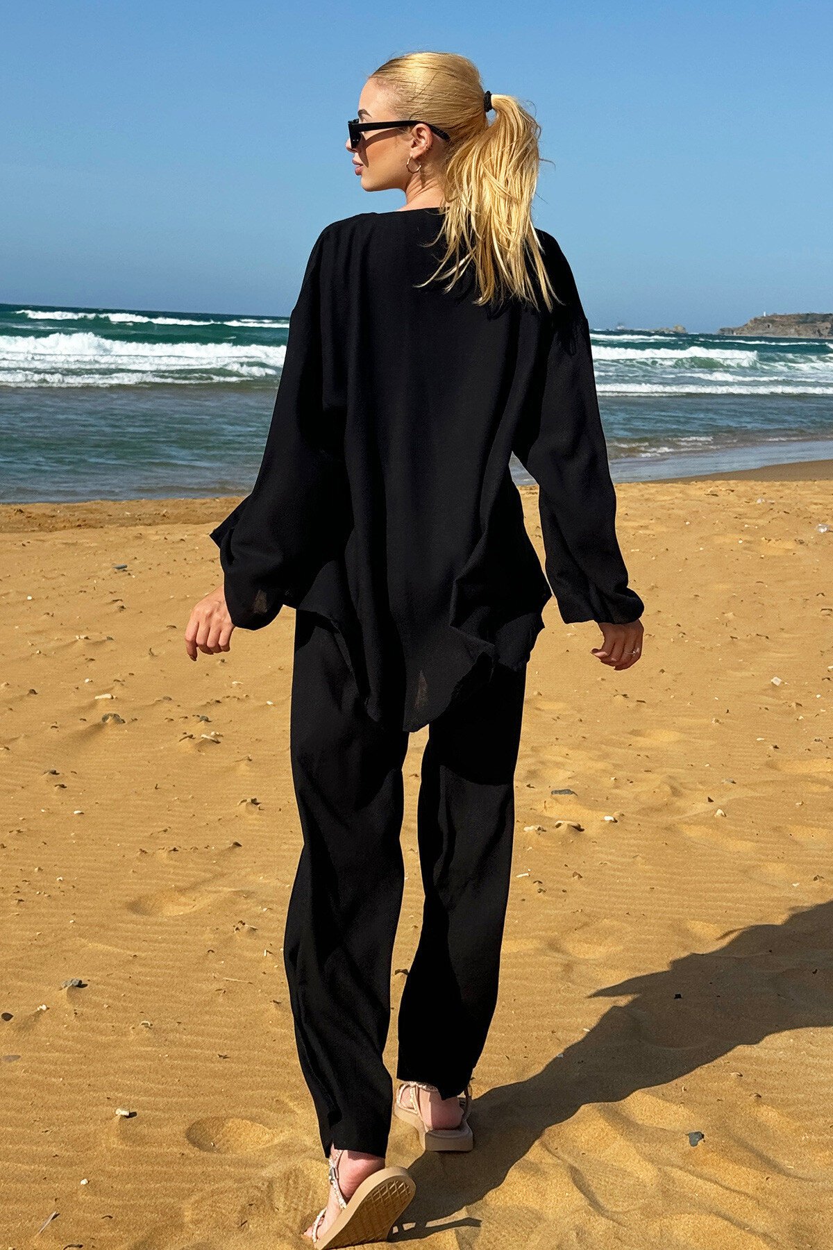 Siyah Önü Bağcıklı Kimono Ceket Ve Palazzo Pantolon Takım