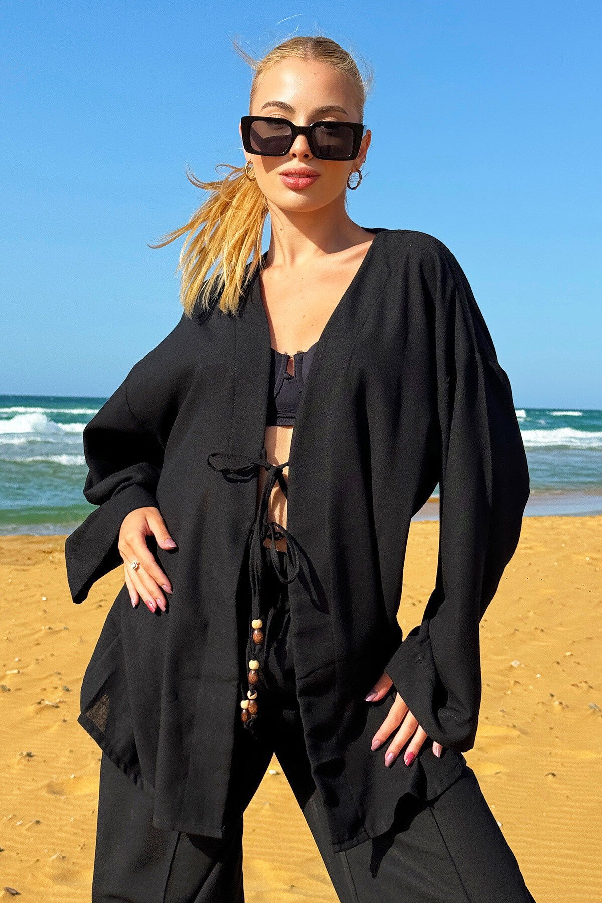 Siyah Önü Bağcıklı Kimono Ceket Ve Palazzo Pantolon Takım