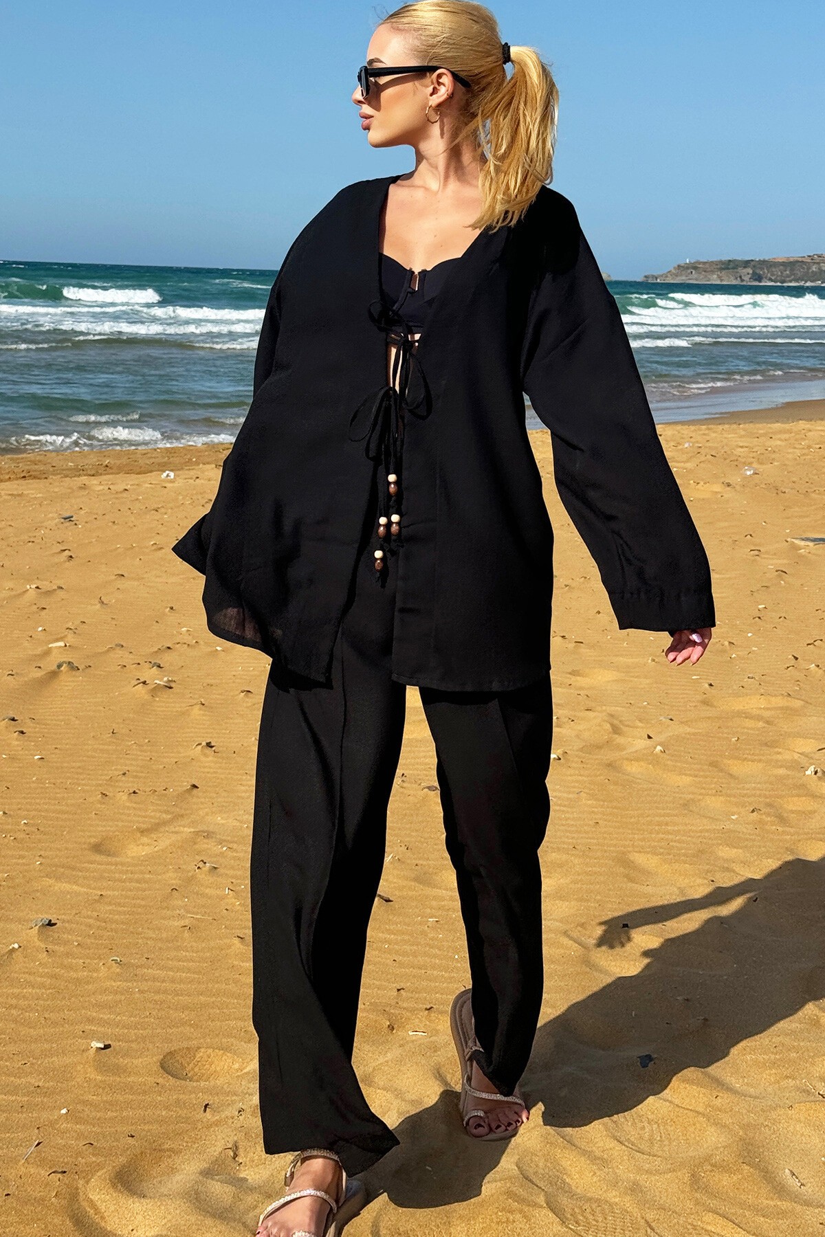 Siyah Önü Bağcıklı Kimono Ceket Ve Palazzo Pantolon Takım