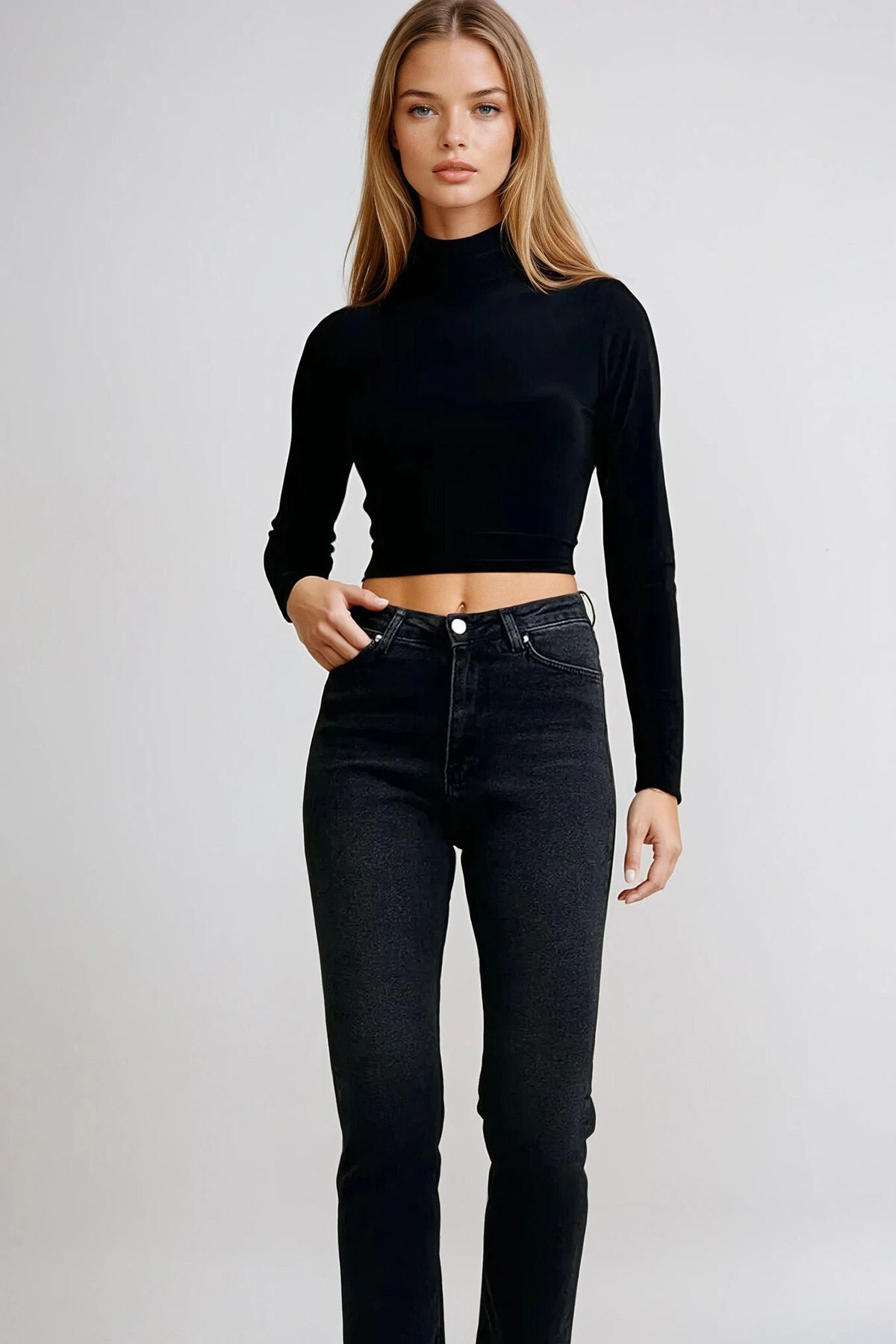 Siyah Paçası Püsküllü Slim Fit Jean Pantolon