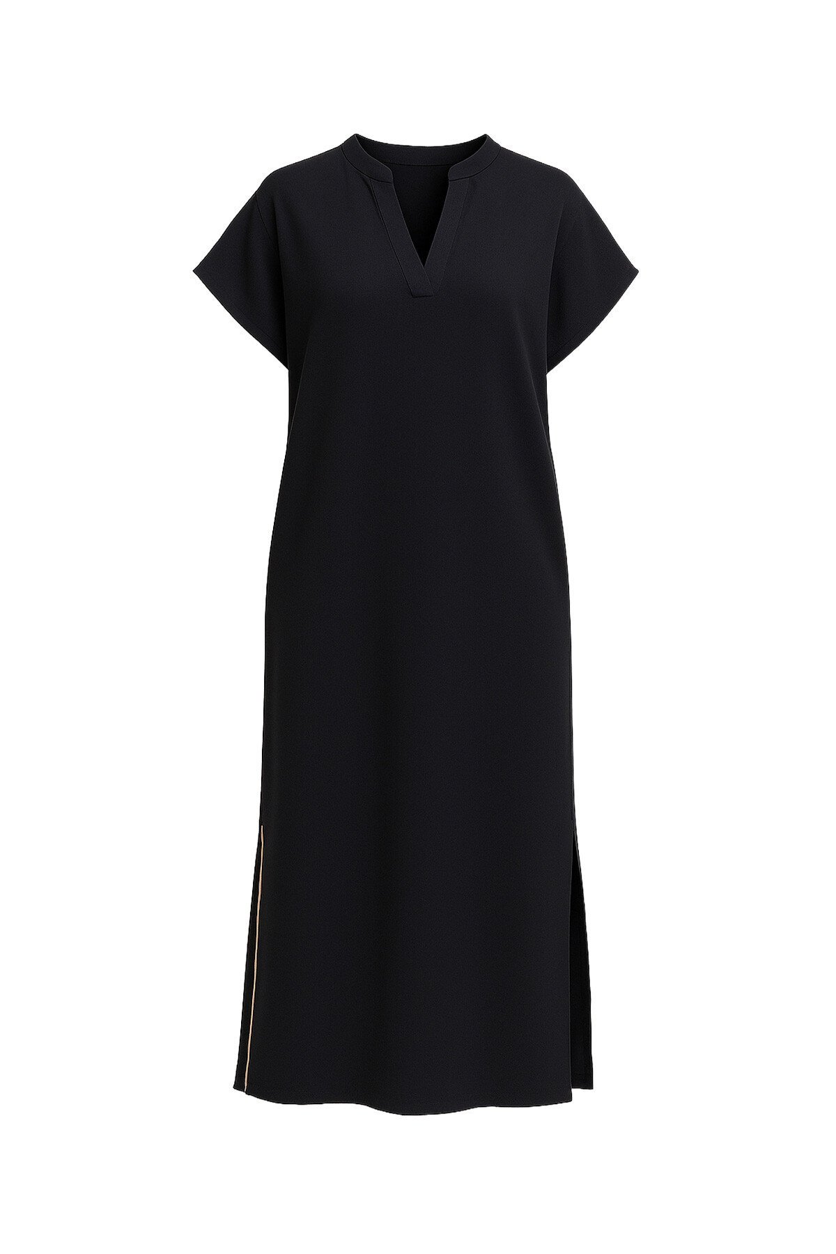 Siyah Polo Yaka Yanları Yırtmaçlı Dokuma Elbise