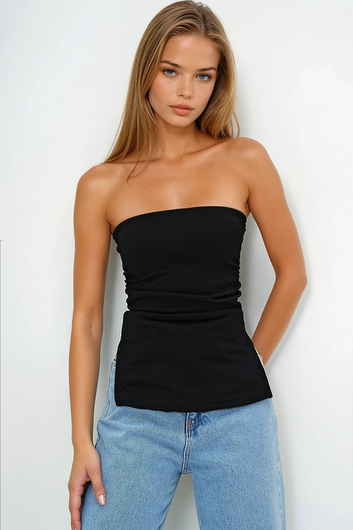 Siyah Straplez Yanı Yırtmaçlı Çelik Örme Bluz