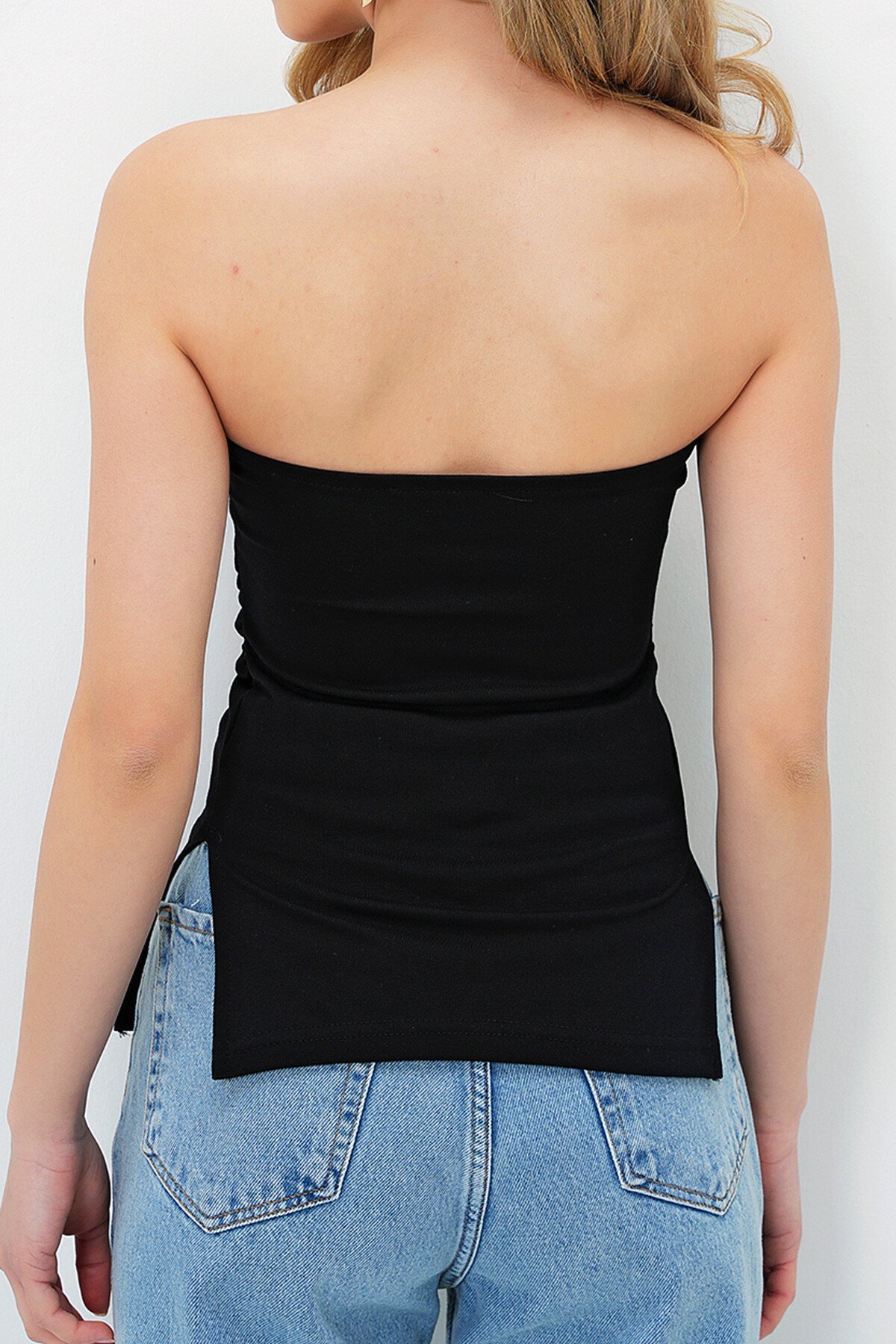 Siyah Straplez Yanı Yırtmaçlı Çelik Örme Bluz