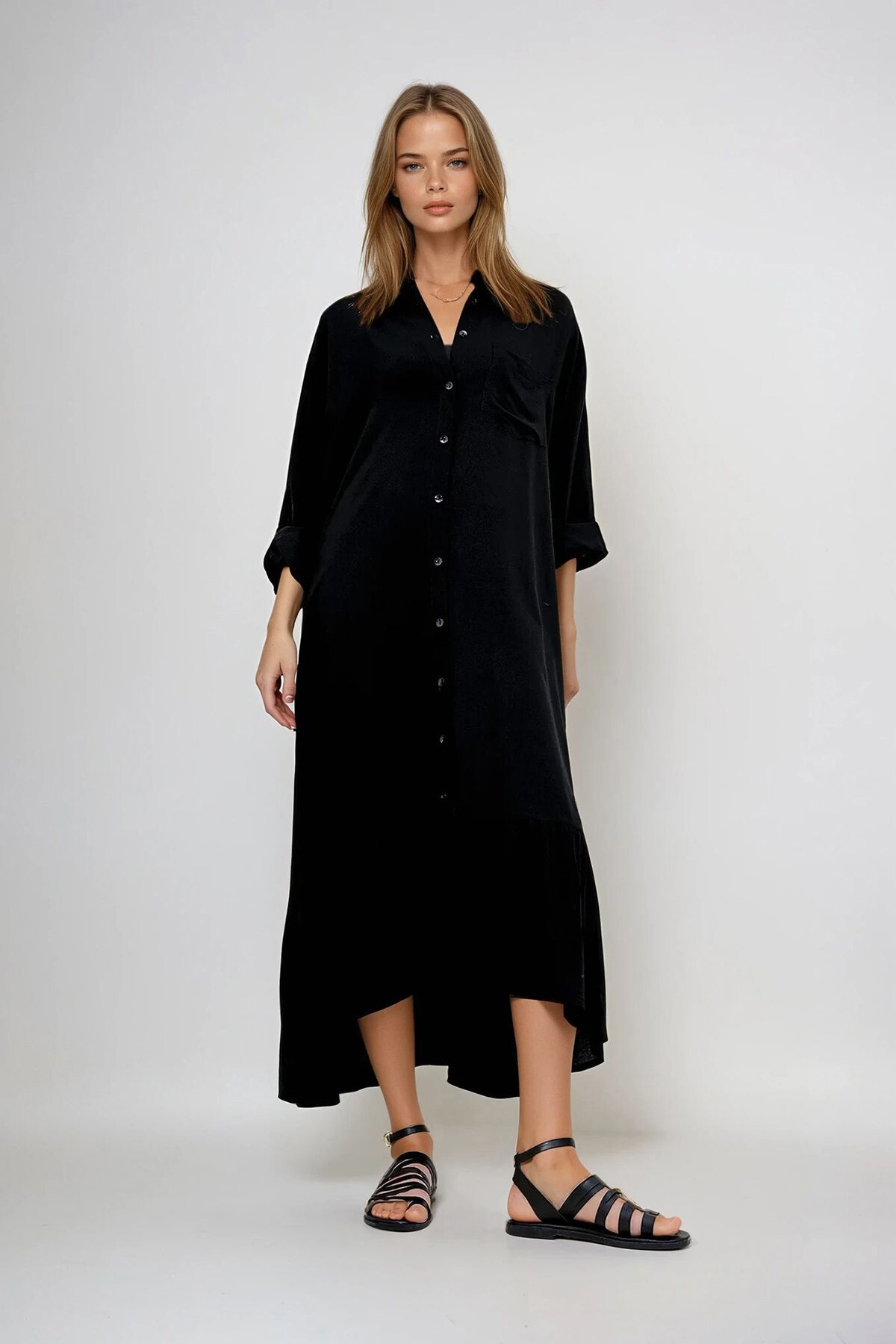 Siyah Tek Cepli Eteği Volanlı Sırtı Baskılı Dokuma Viskon Gömlek Elbise