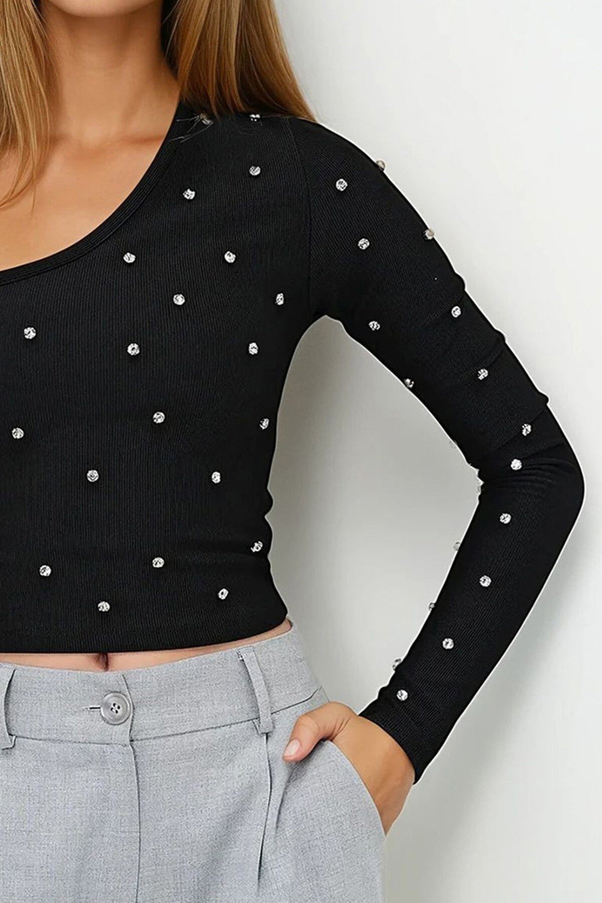 Siyah Tek Omuz Taş İşlemeli Ottoban Bluz